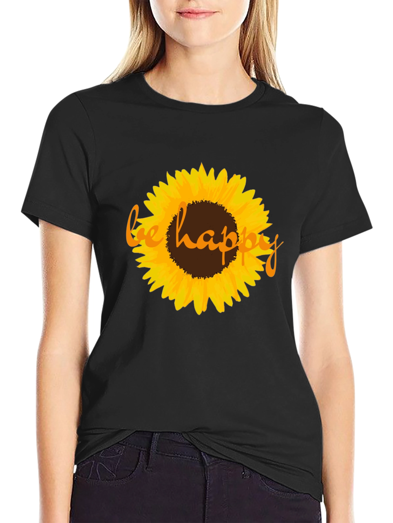 Sunflower Be Happy Graphic Black T-Shirt