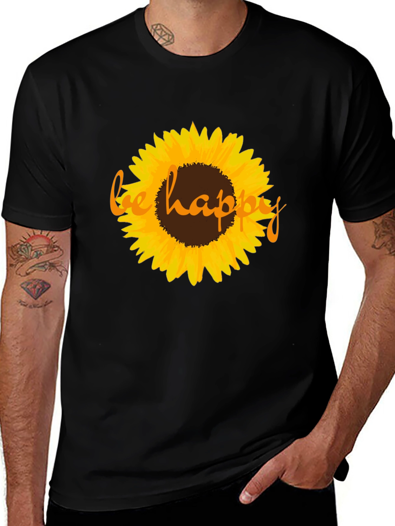 Sunflower Be Happy Graphic Black T-Shirt