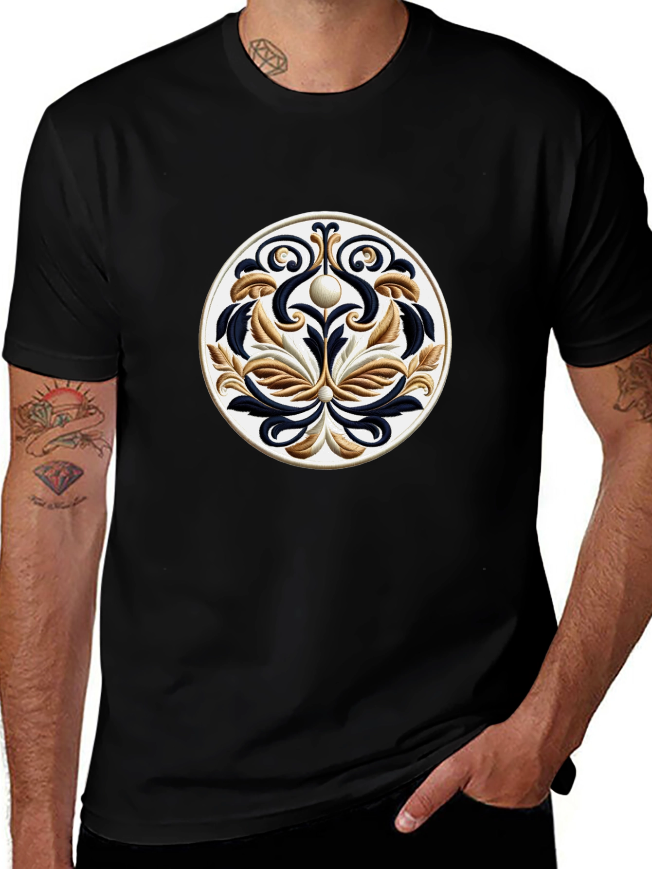 Black T-Shirt with Ornamental Circle Design
