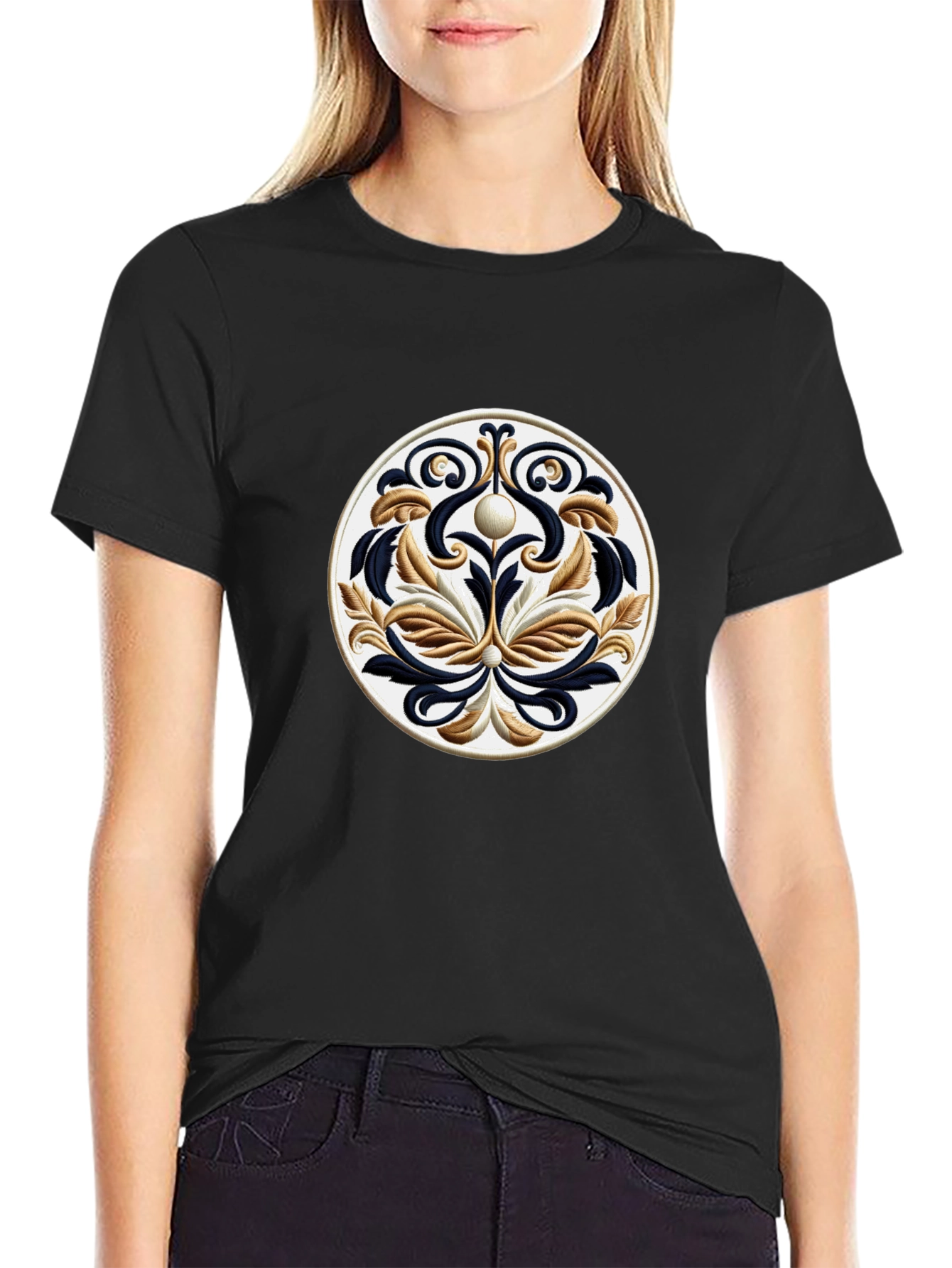 Black T-Shirt with Ornamental Circle Design
