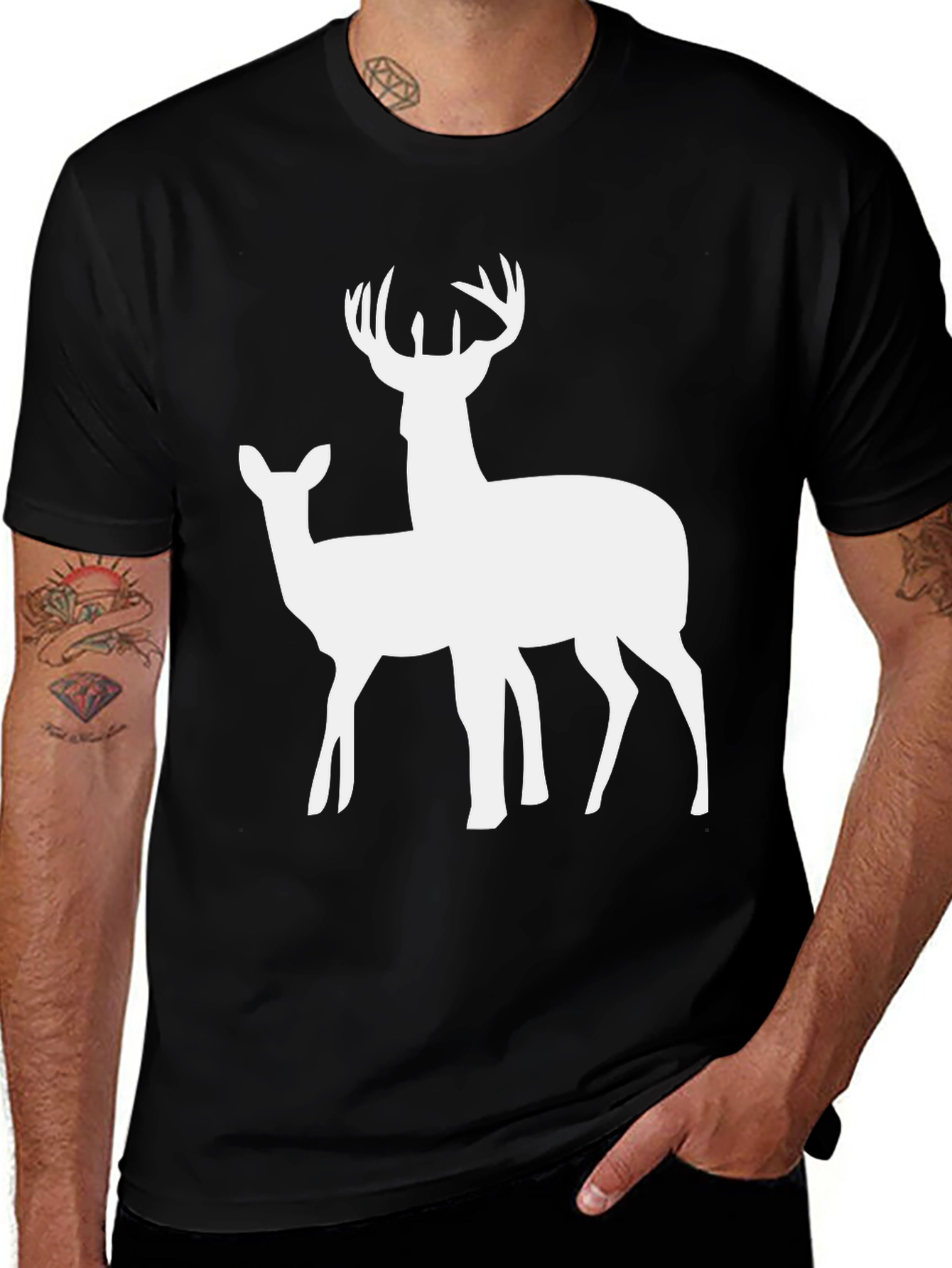 Deer Graphic Tee - Black Cotton Casual Shirt