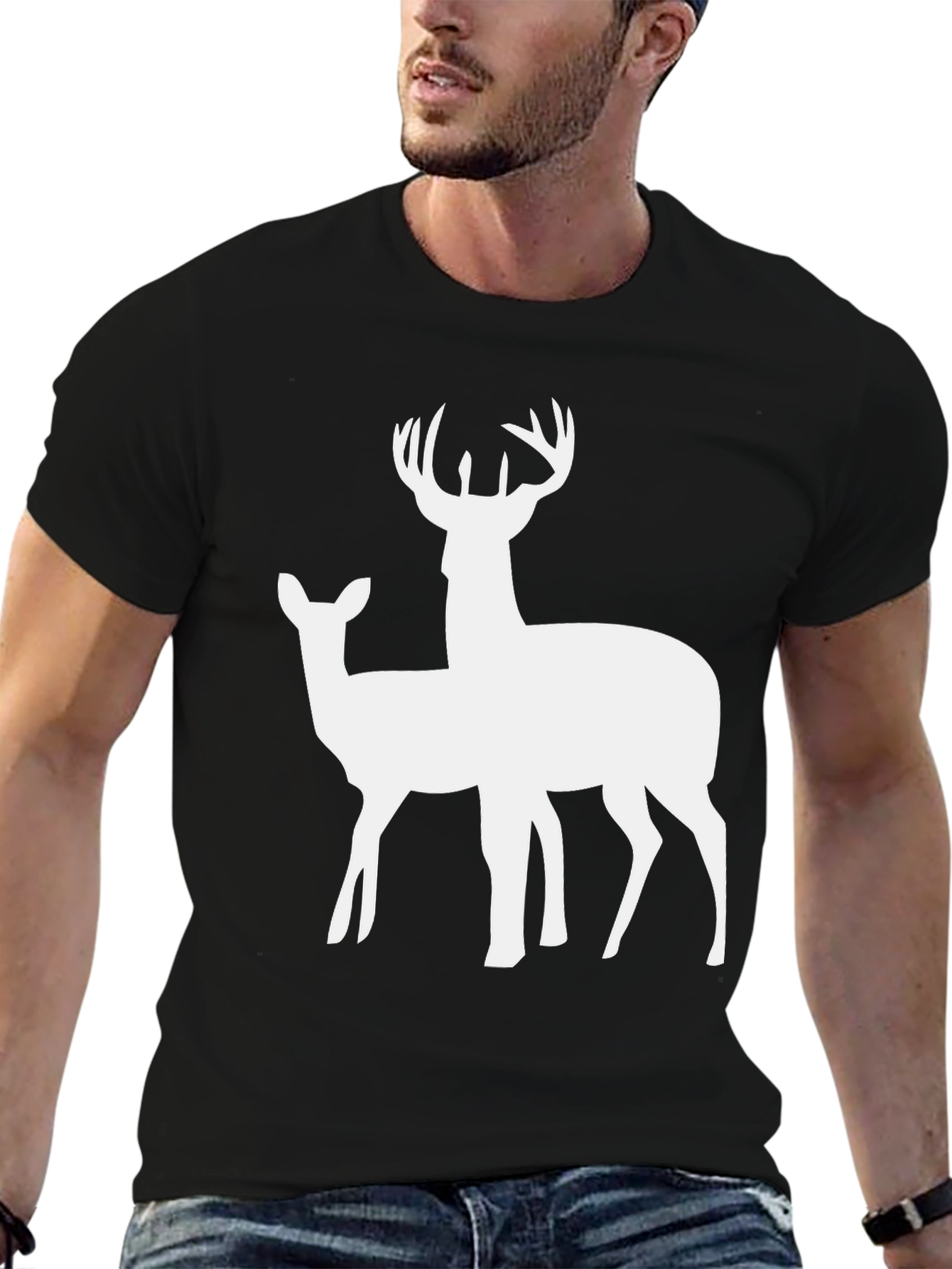 Deer Graphic Tee - Black Cotton Casual Shirt