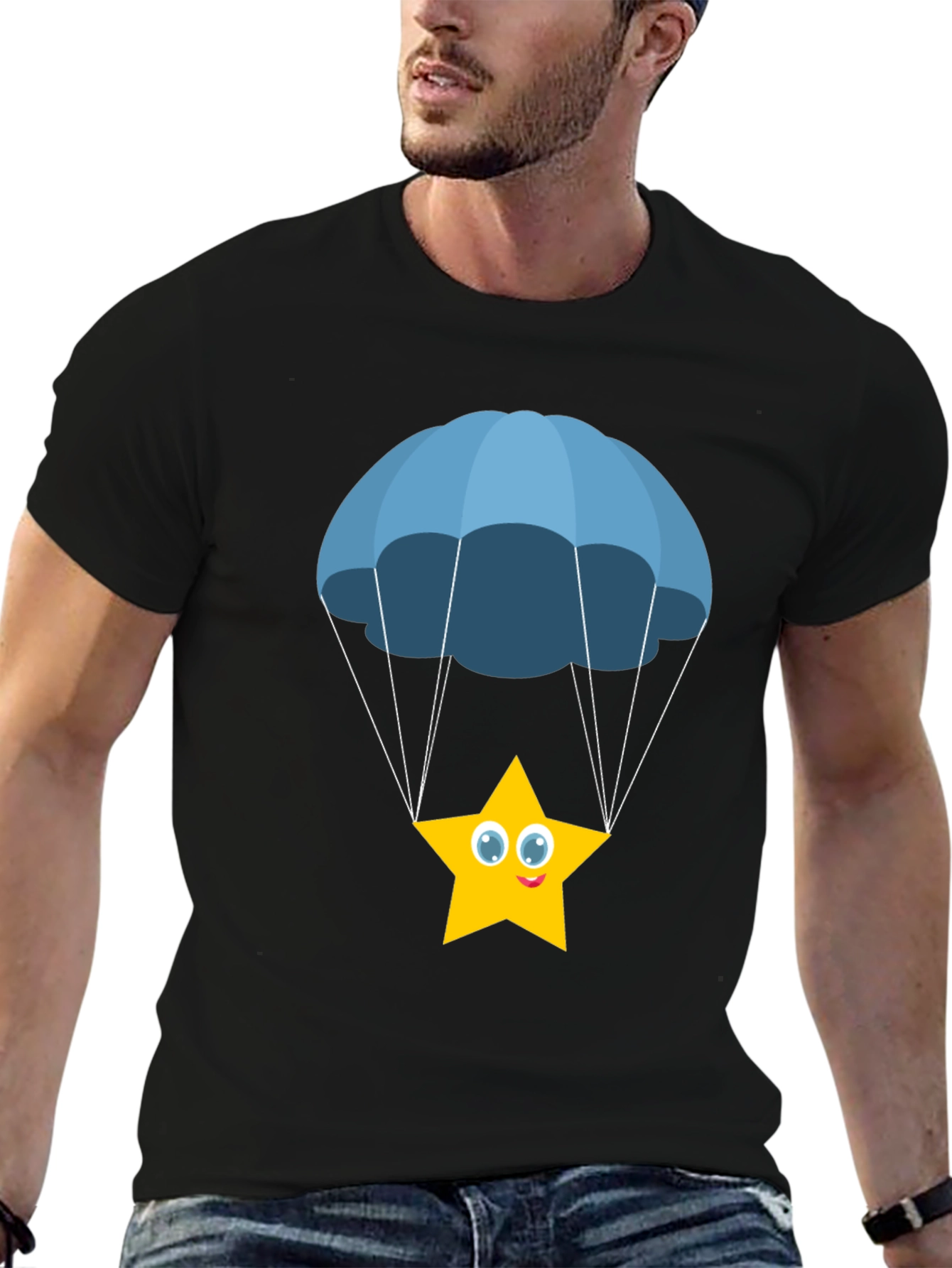 Cute Star Parachute Graphic Tee - Black Cotton