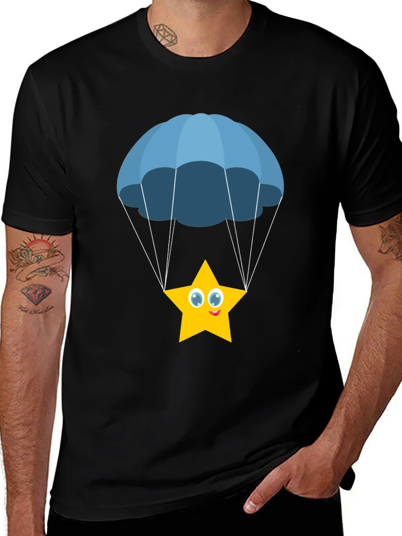 Cute Star Parachute Graphic Tee - Black Cotton