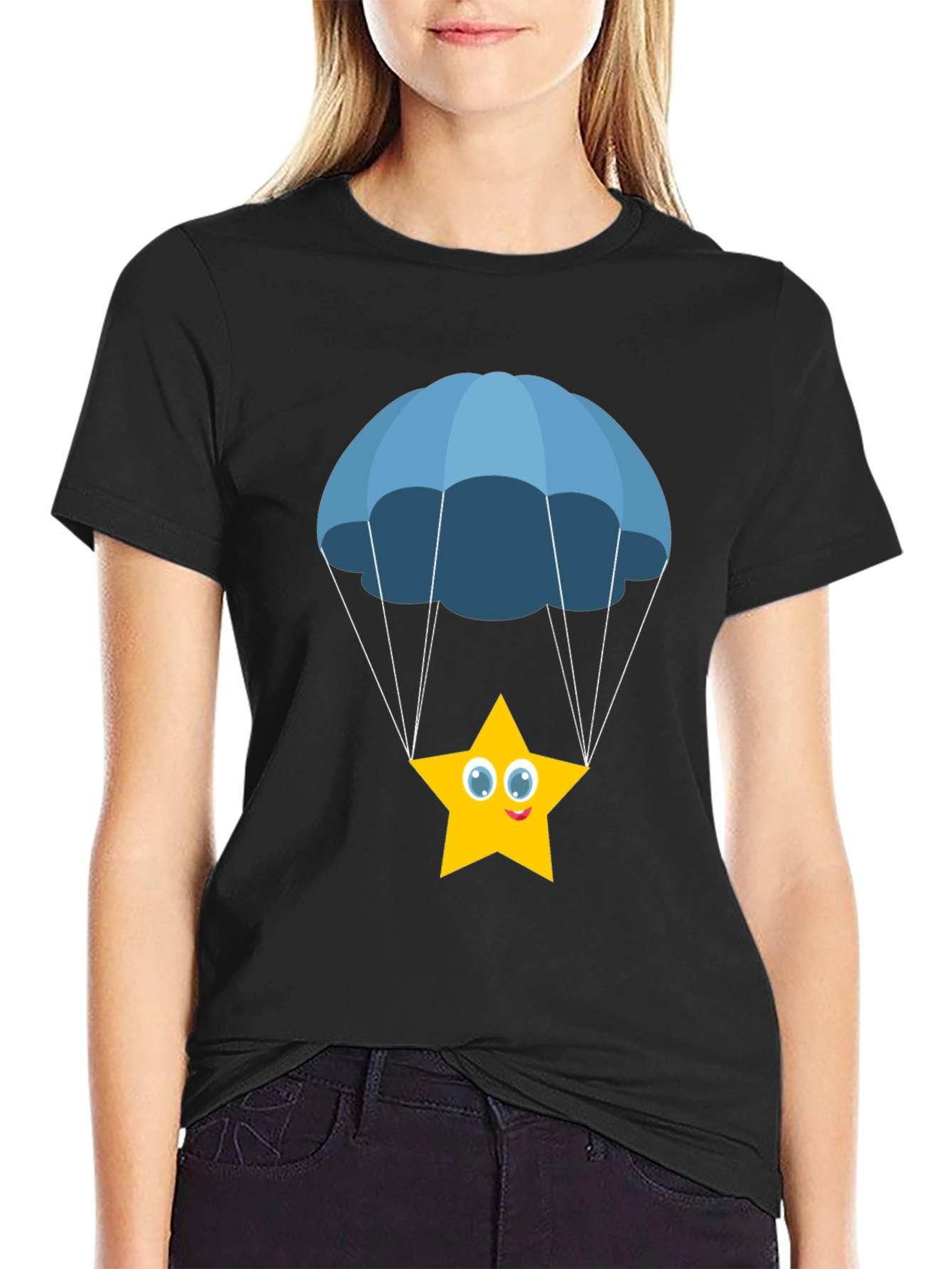 Cute Star Parachute Graphic Tee - Black Cotton