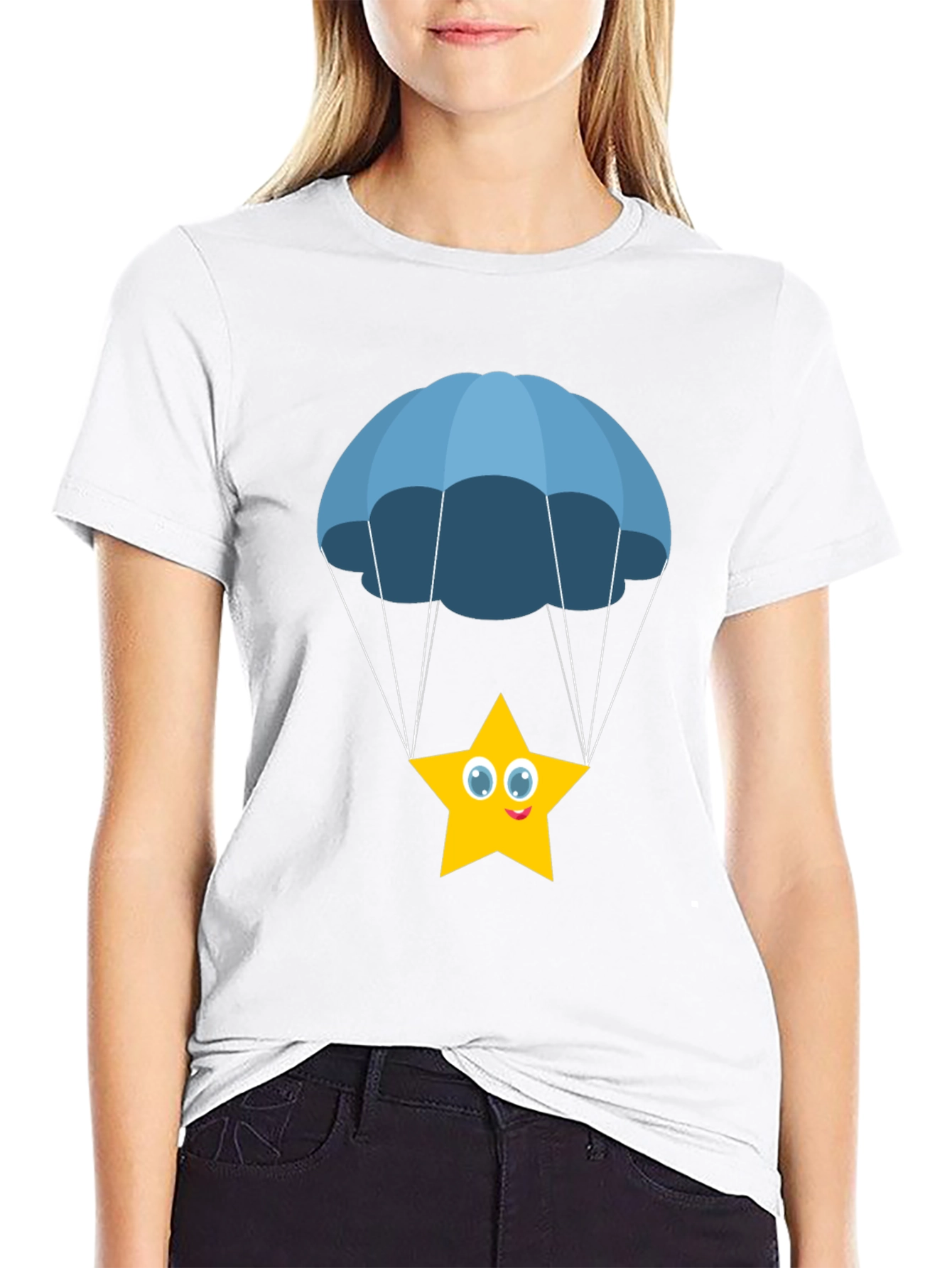 Cute Star Parachute Graphic Tee - Black Cotton