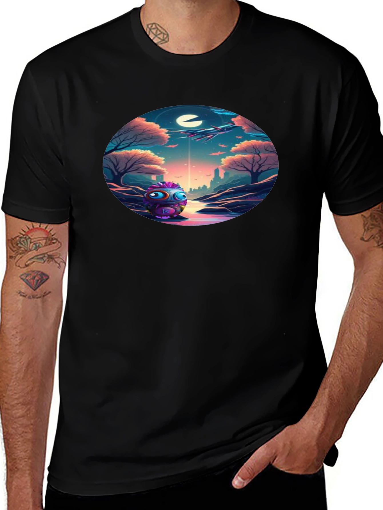 Surreal Alien Landscape Graphic Tee - Soft Black Cotton