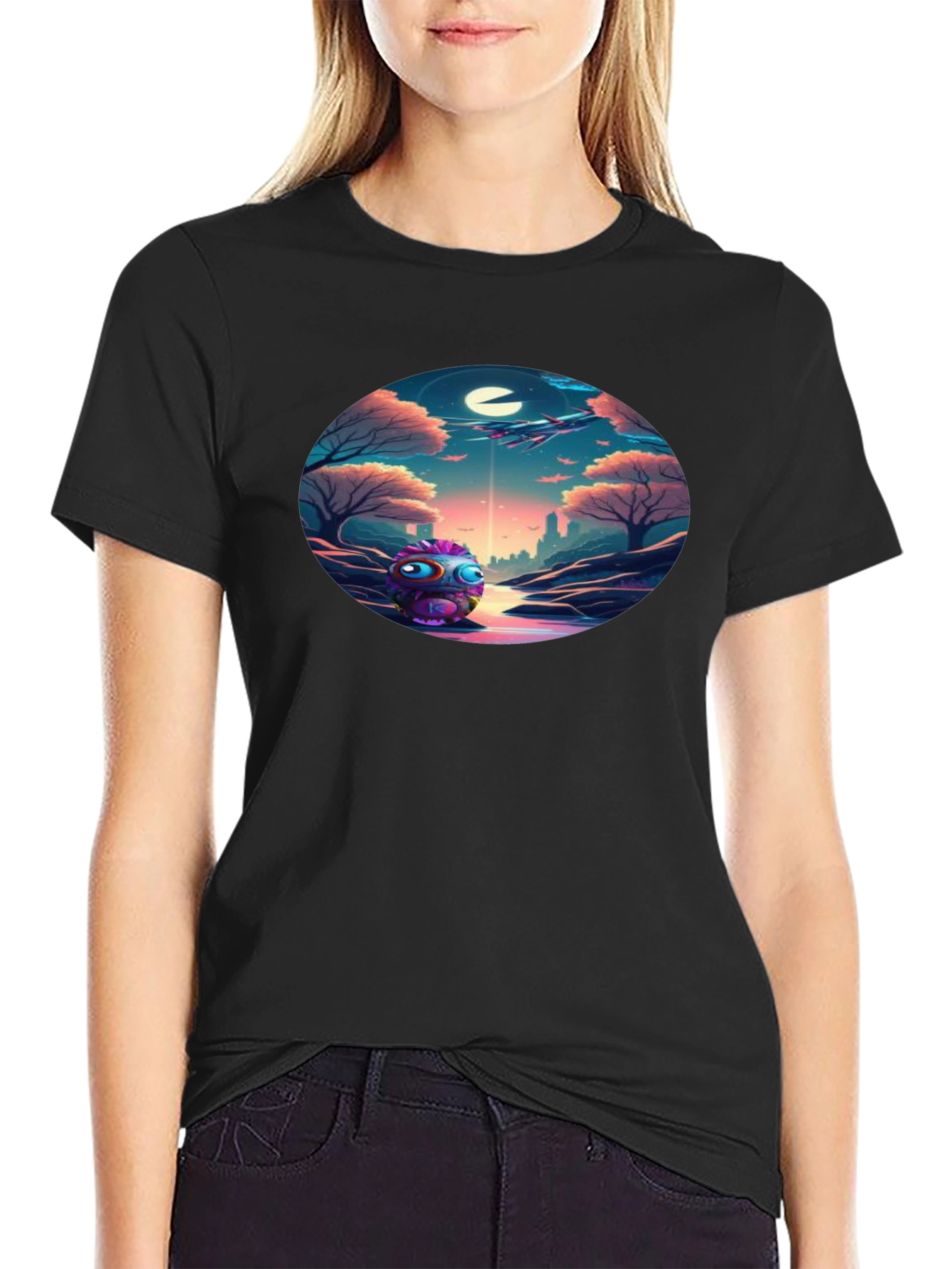Surreal Alien Landscape Graphic Tee - Soft Black Cotton