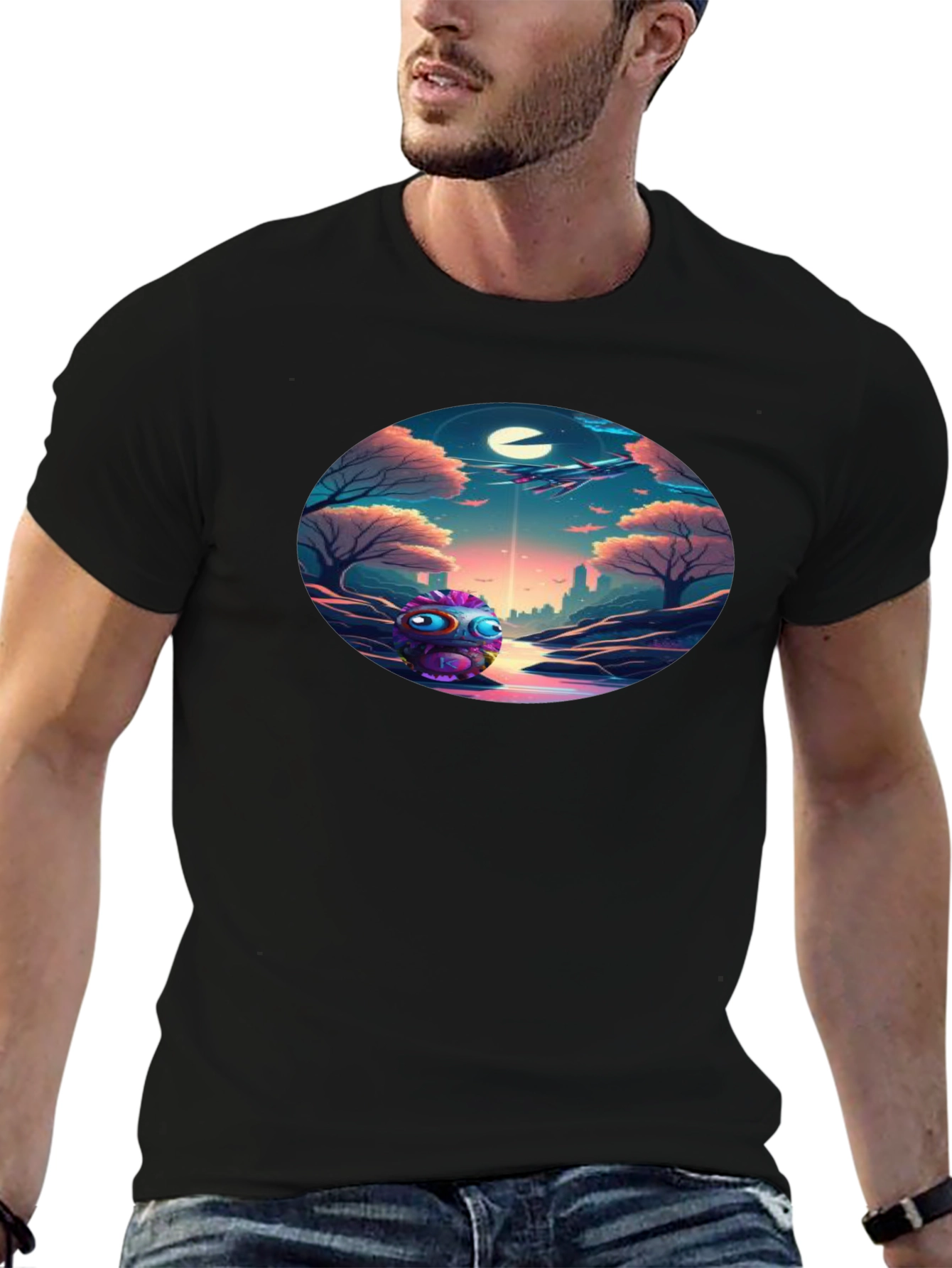 Surreal Alien Landscape Graphic Tee - Soft Black Cotton