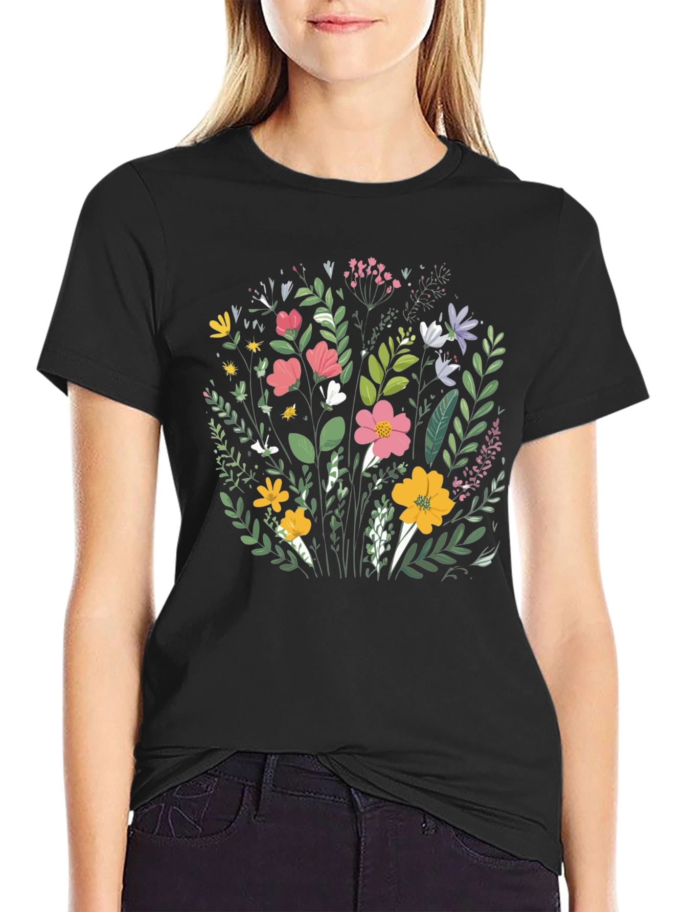 Floral T-Shirt - Black Cotton Crew Neck
