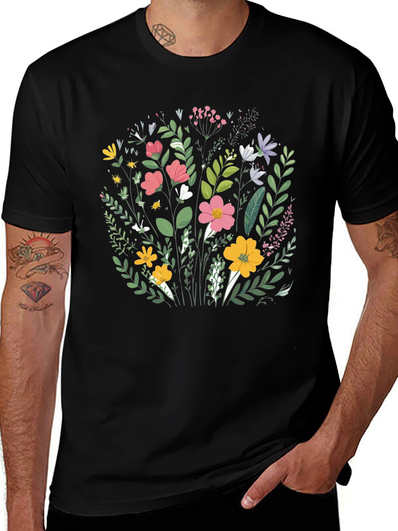 Floral T-Shirt - Black Cotton Crew Neck