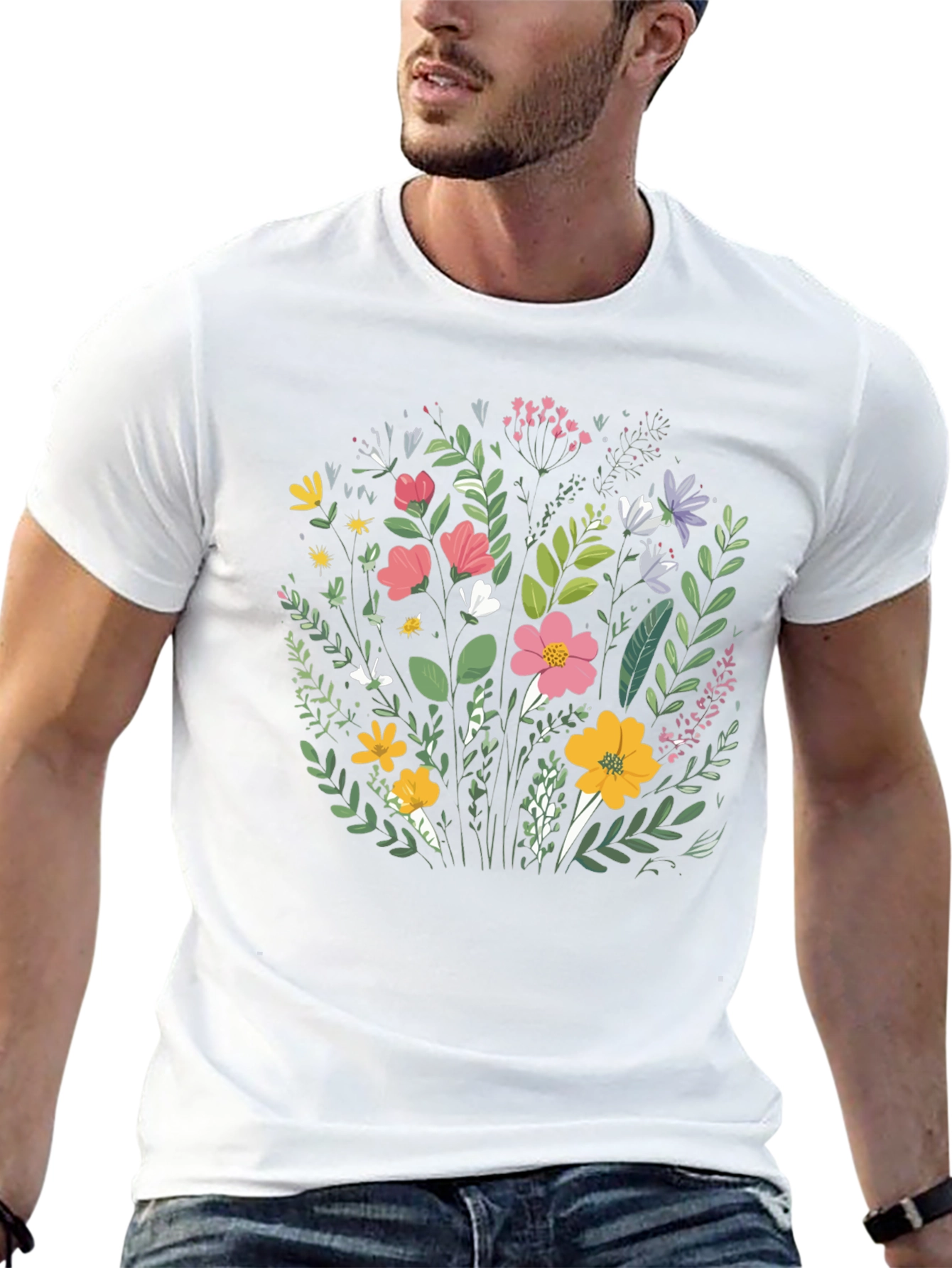 Floral T-Shirt - Black Cotton Crew Neck