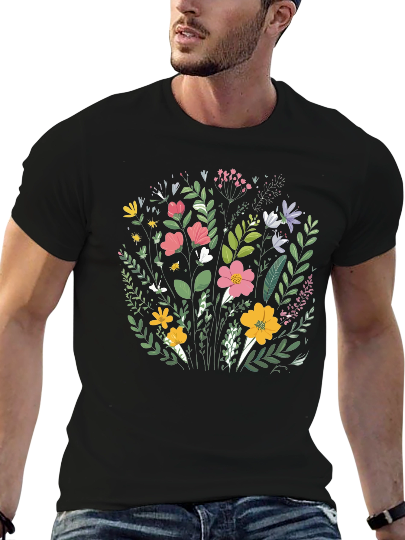 Floral T-Shirt - Black Cotton Crew Neck