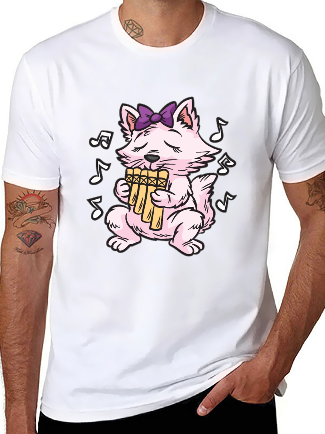 Musical Cat T-Shirt - Pan Flute Playing Kitten Tee