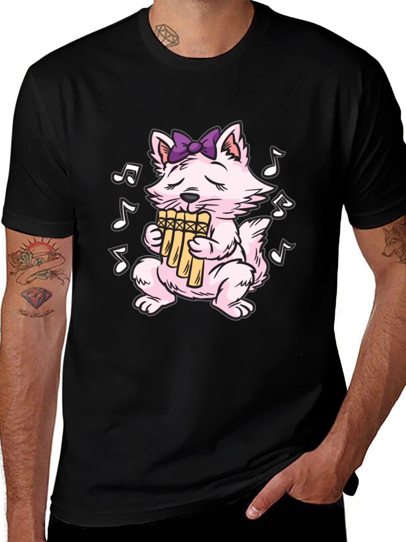 Musical Cat T-Shirt - Pan Flute Playing Kitten Tee