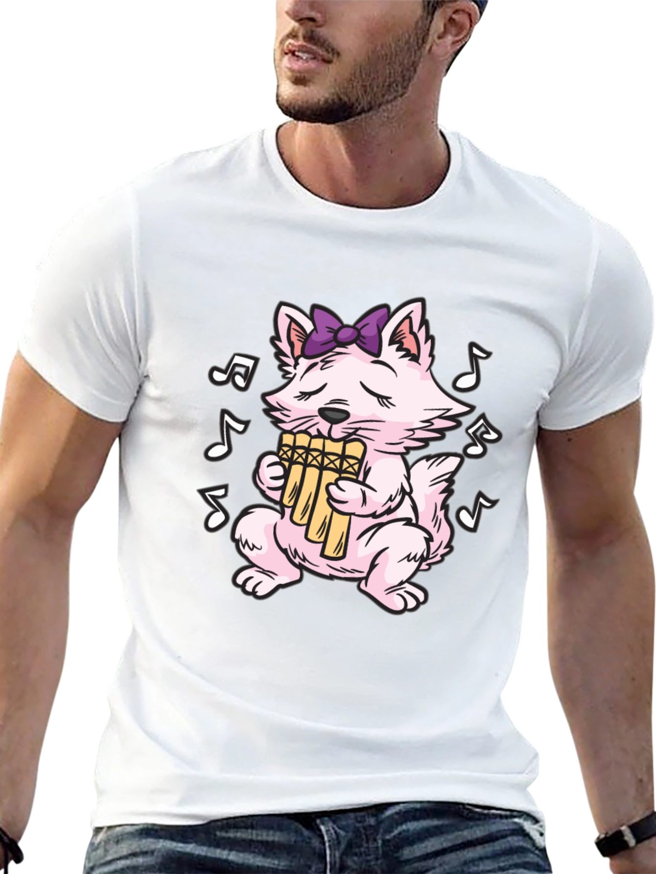 Musical Cat T-Shirt - Pan Flute Playing Kitten Tee