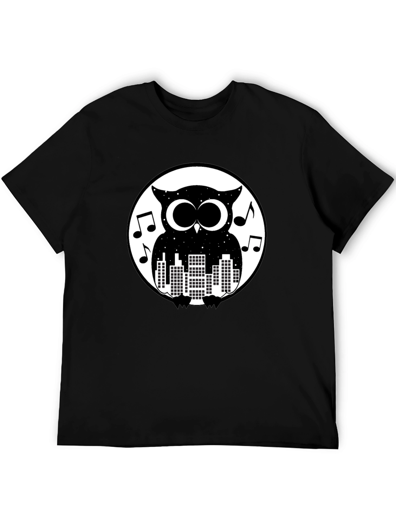 Night Owl Cityscape Graphic Tee - Black Cotton T-Shirt