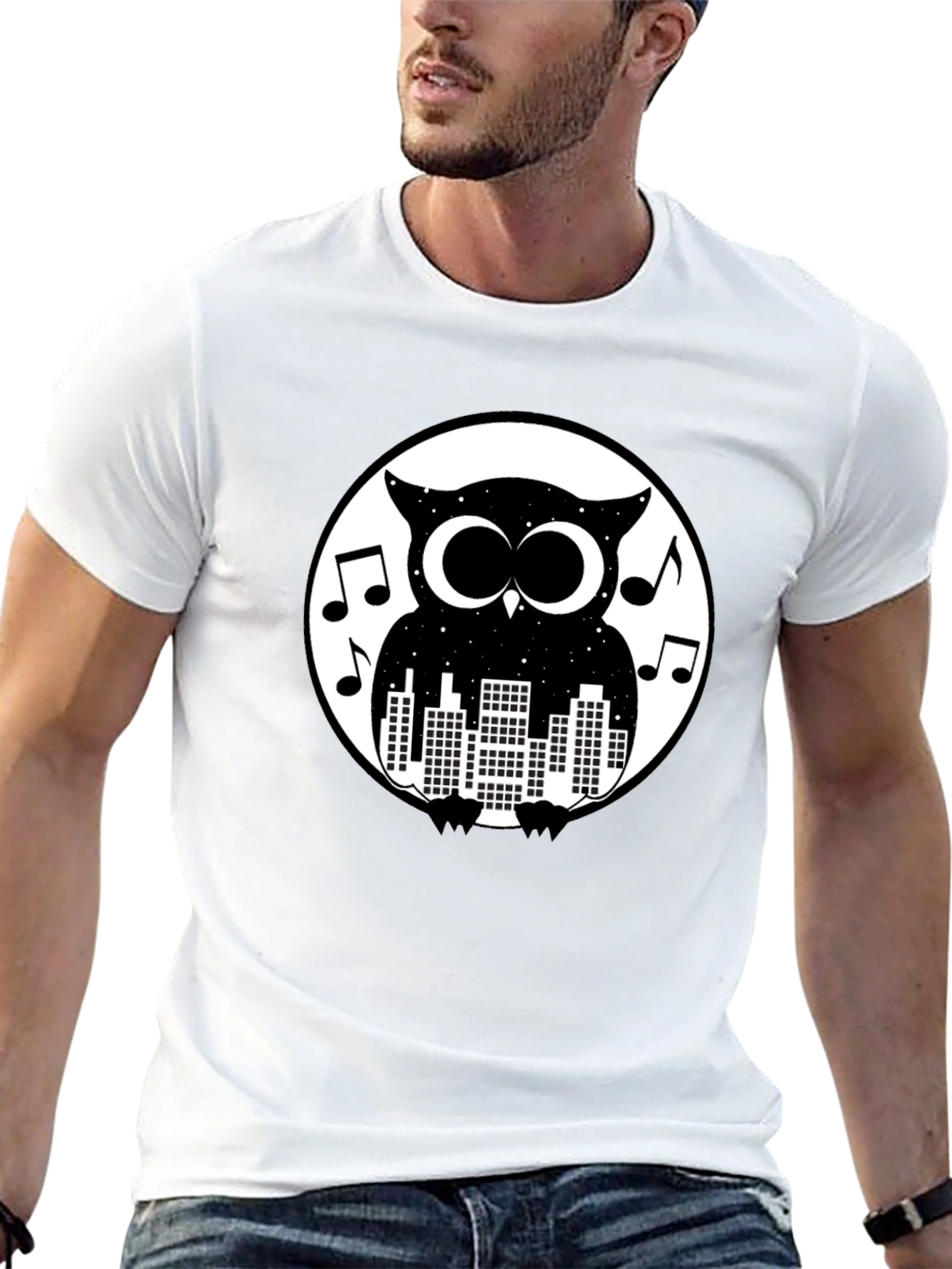 Night Owl Cityscape Graphic Tee - Black Cotton T-Shirt