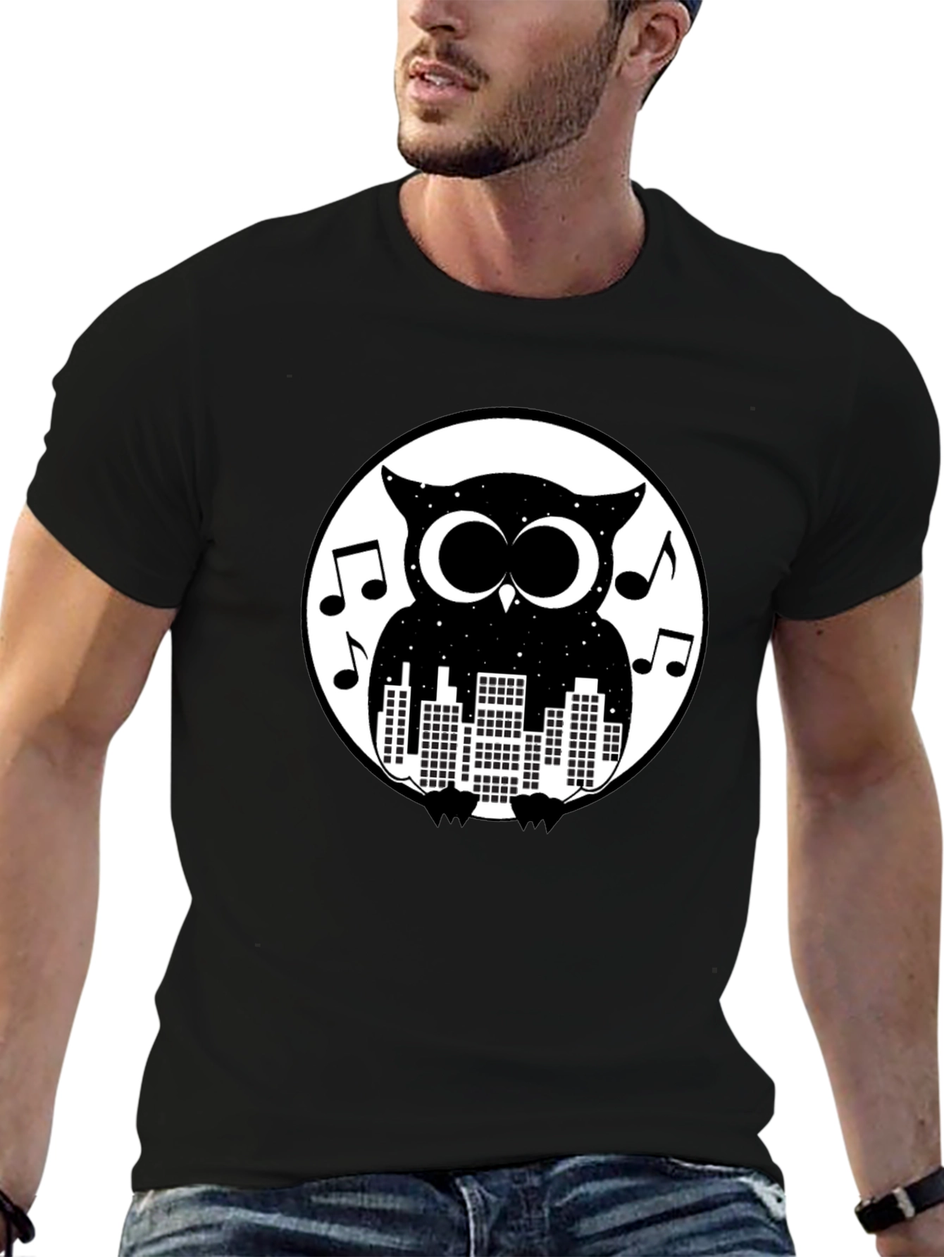 Night Owl Cityscape Graphic Tee - Black Cotton T-Shirt