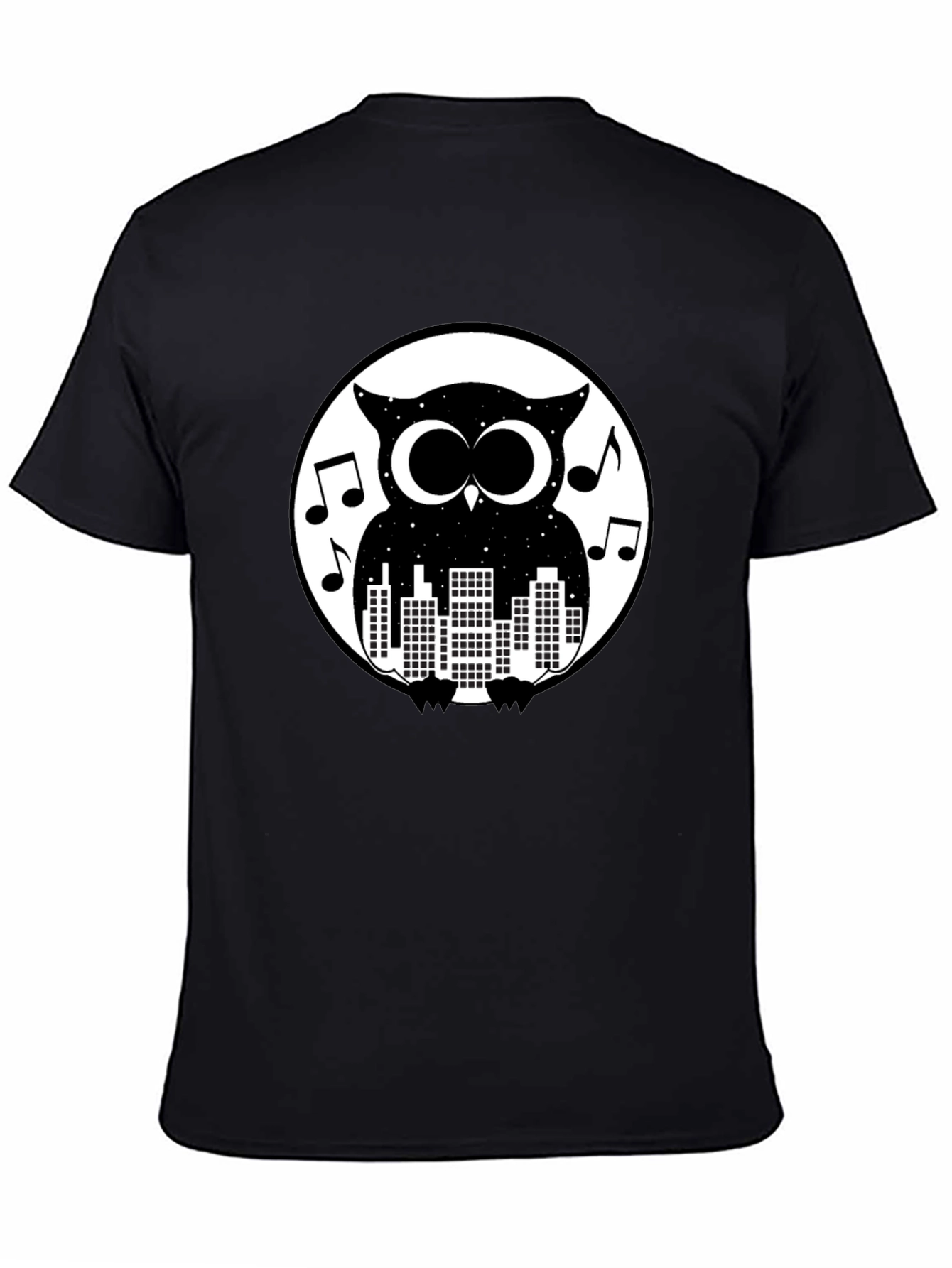 Night Owl Cityscape Graphic Tee - Black Cotton T-Shirt