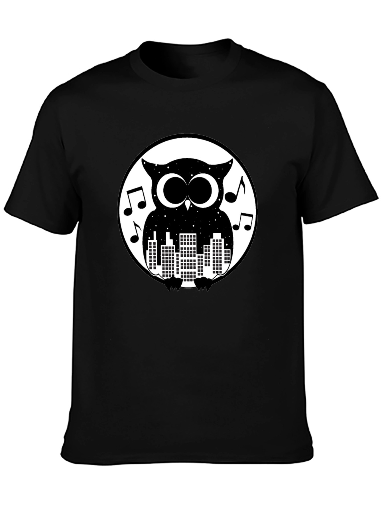 Night Owl Cityscape Graphic Tee - Black Cotton T-Shirt
