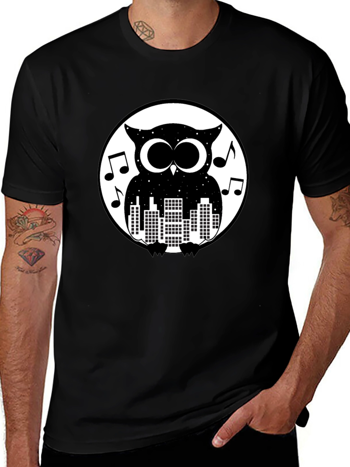 Night Owl Cityscape Graphic Tee - Black Cotton T-Shirt