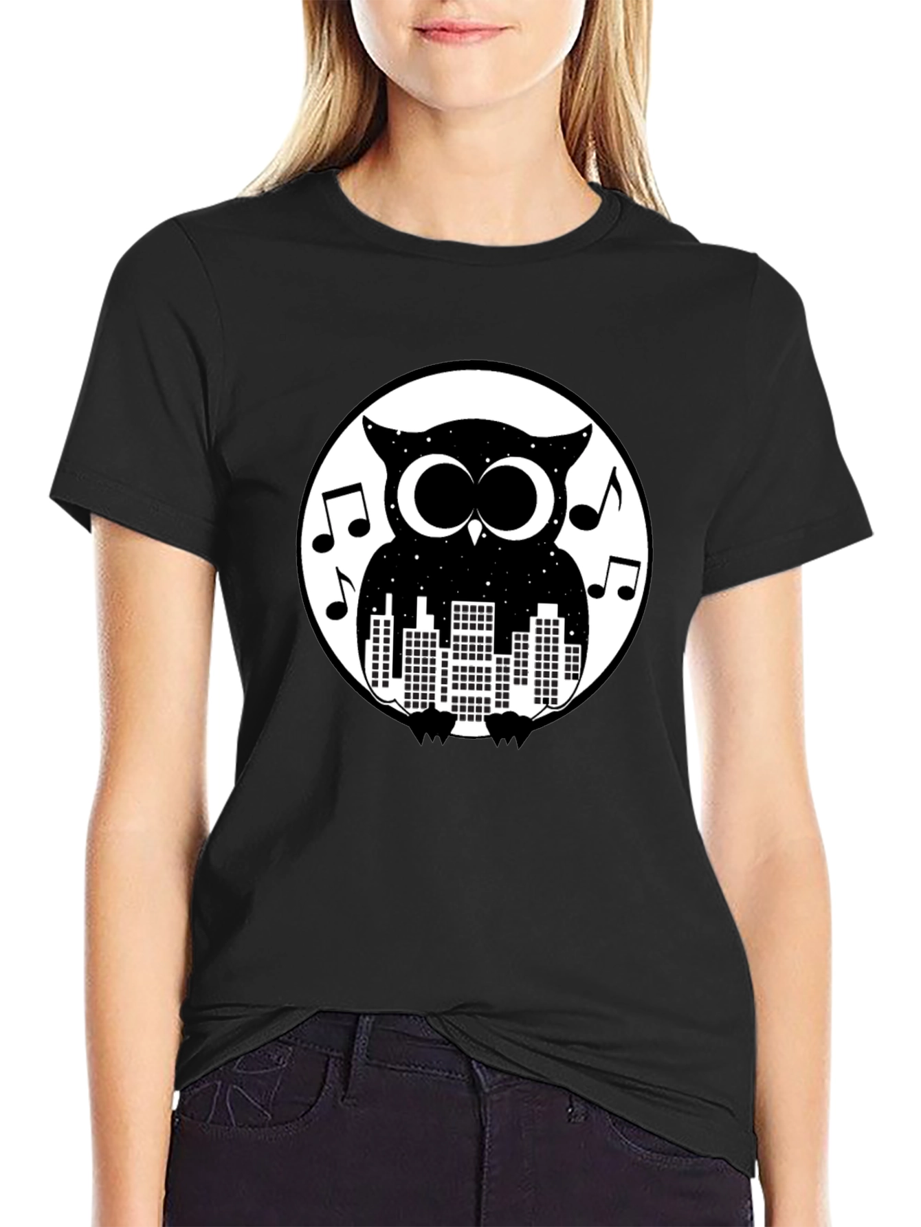 Night Owl Cityscape Graphic Tee - Black Cotton T-Shirt