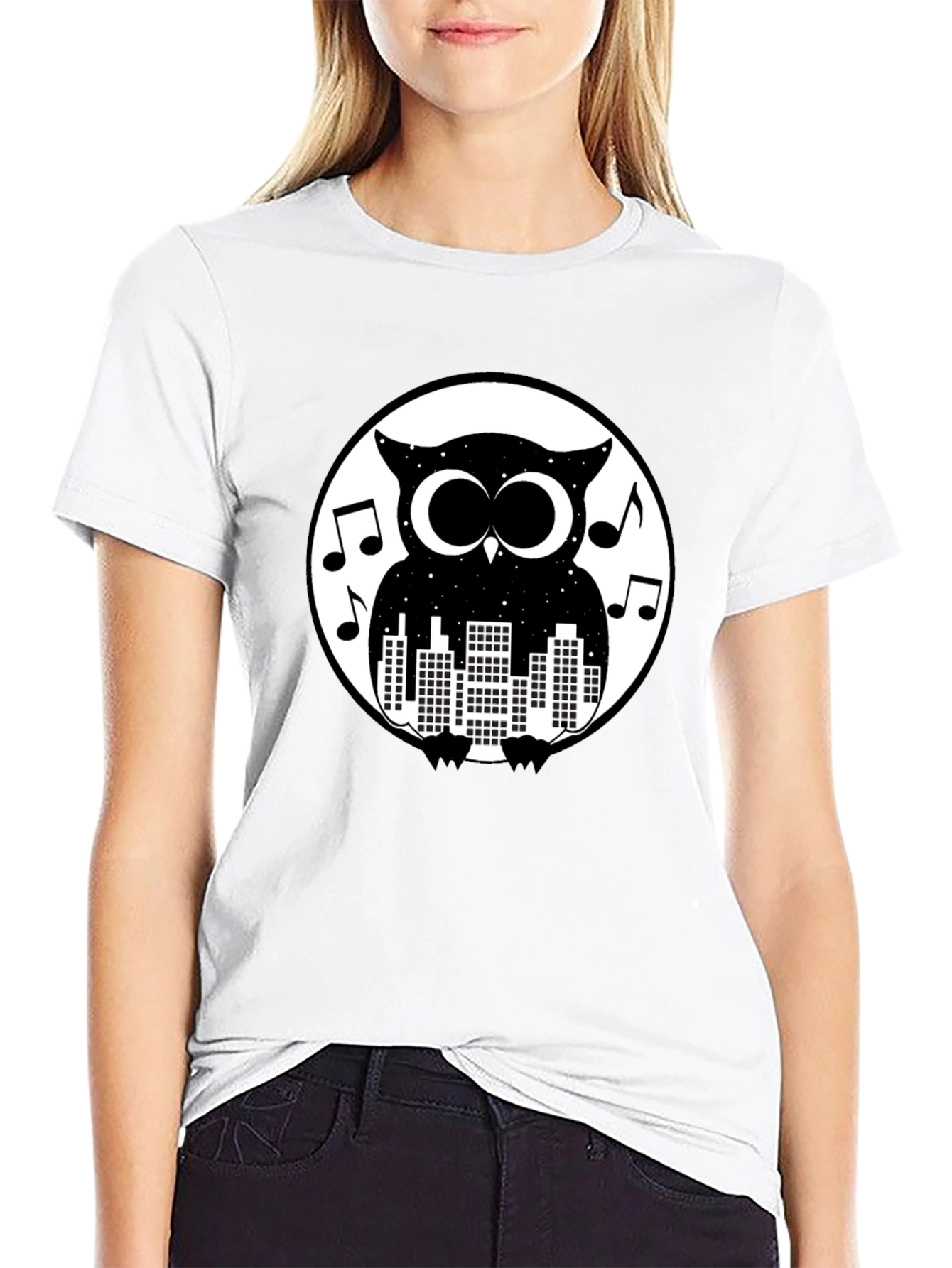 Night Owl Cityscape Graphic Tee - Black Cotton T-Shirt