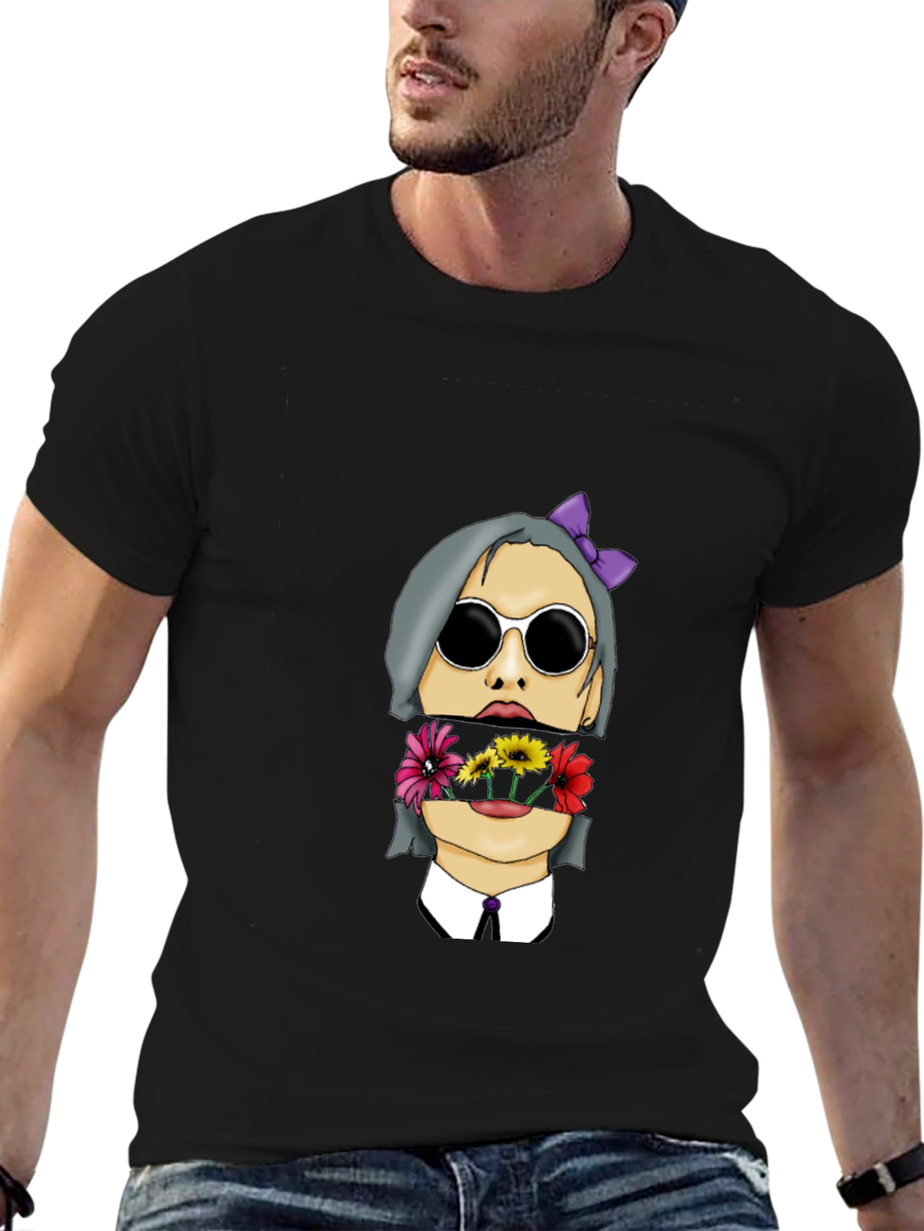 Floral Face Graphic Print Mens Black T-Shirt
