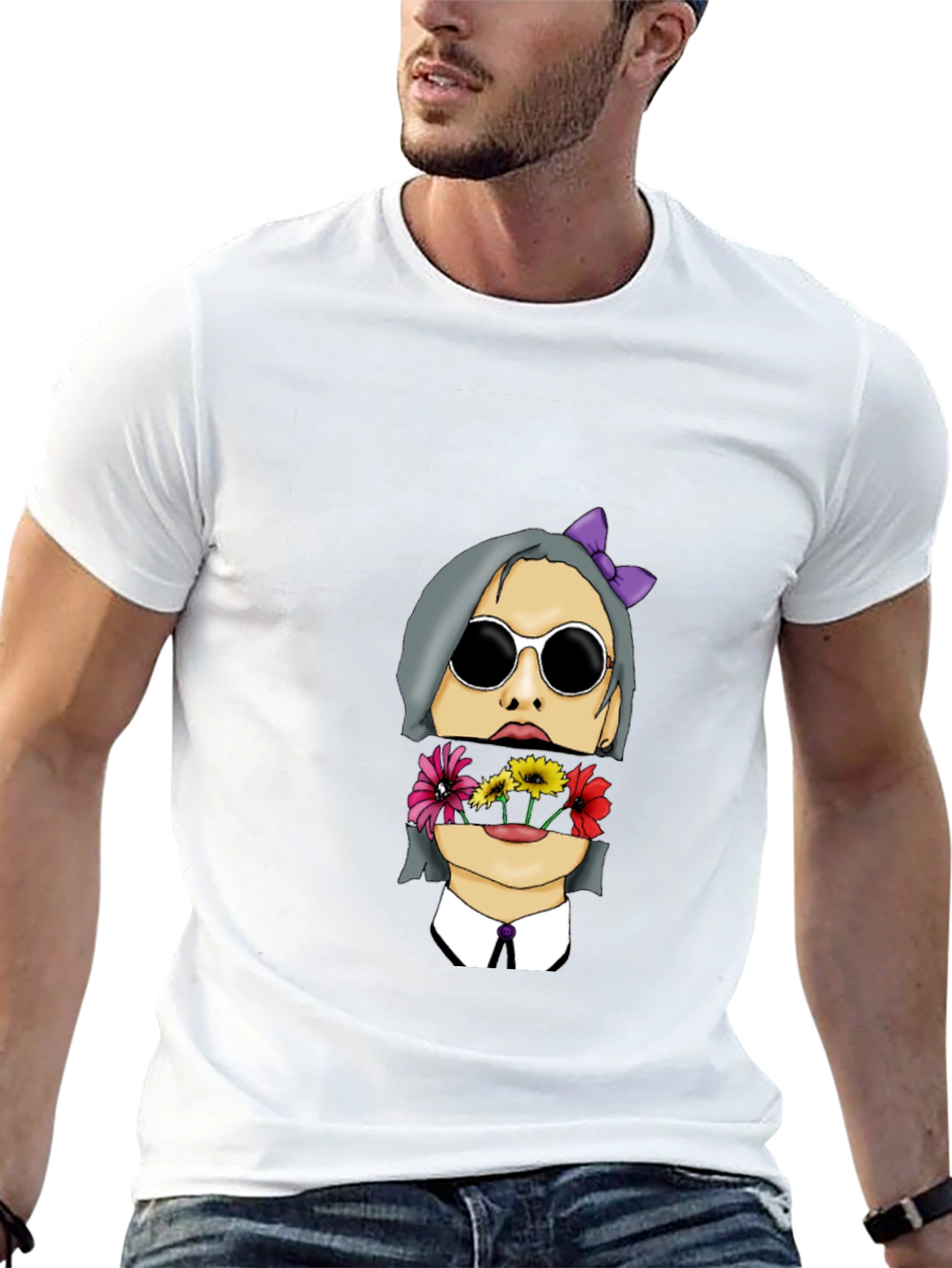 Floral Face Graphic Print Mens Black T-Shirt