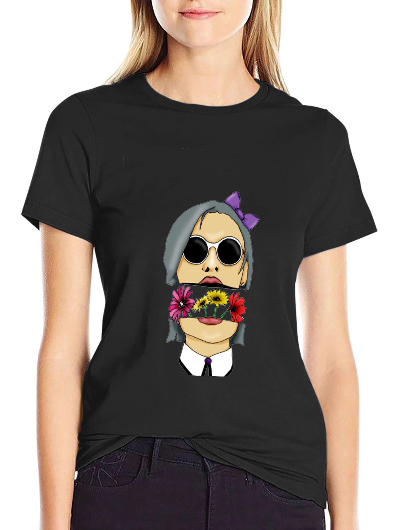 Floral Face Graphic Print Mens Black T-Shirt