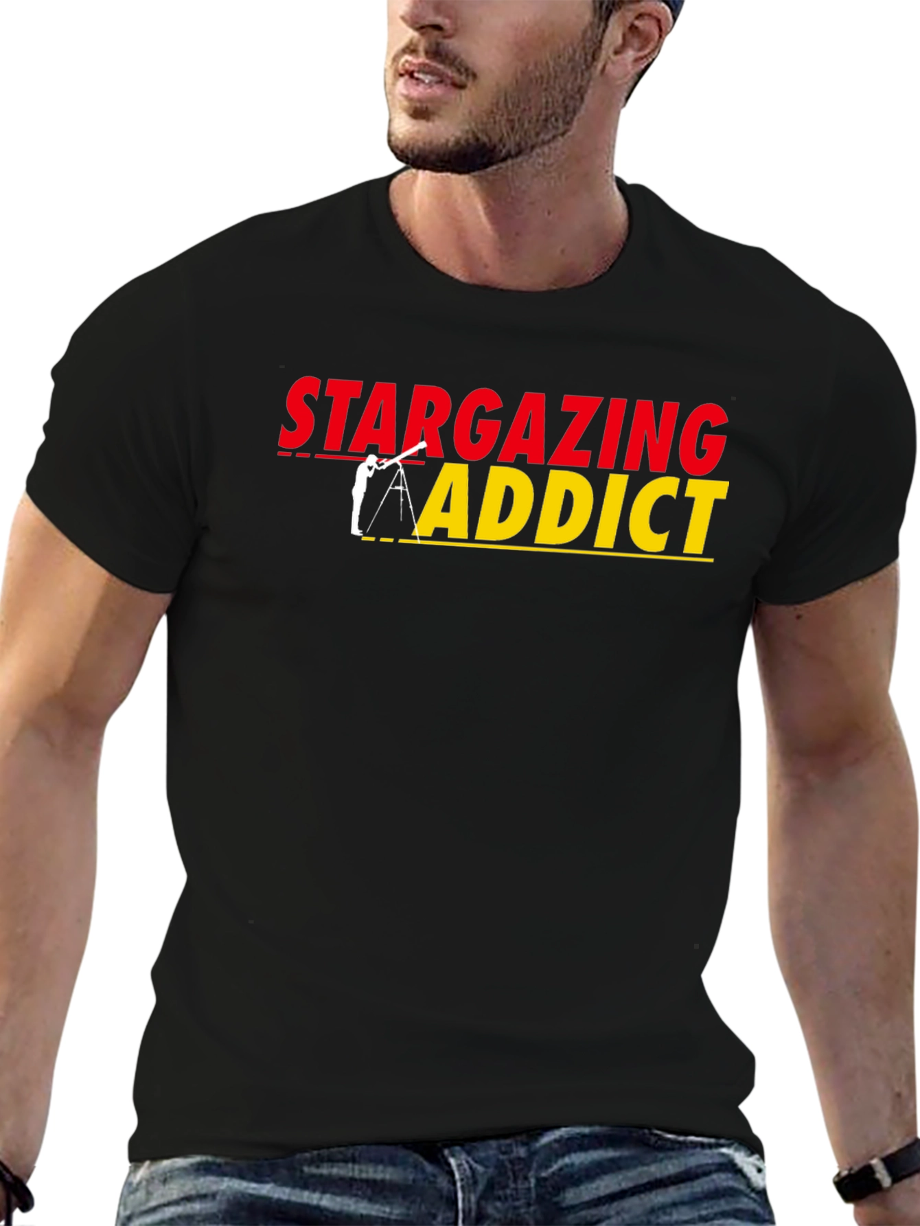 Stargazing Addict Black T-Shirt - Astronomy Lover Tee