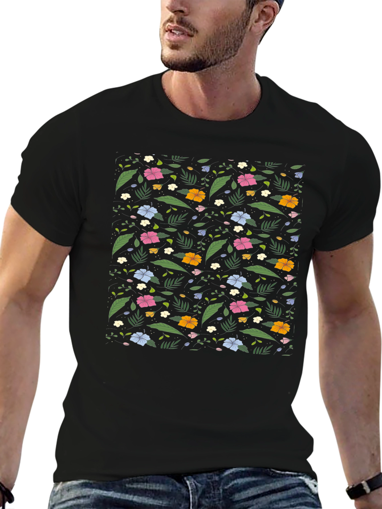 Floral Print Black Tee - Tropical Vibes