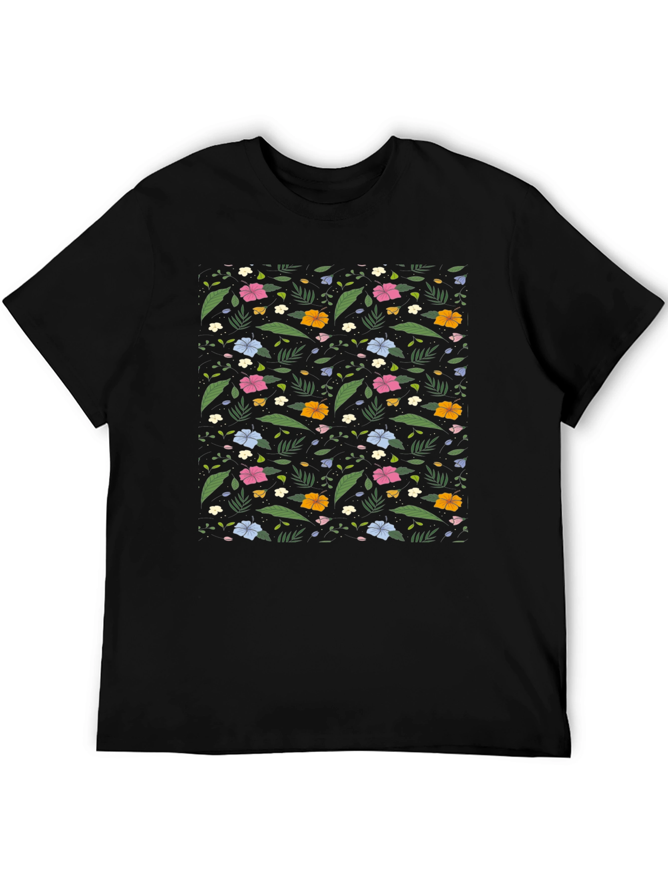 Floral Print Black Tee - Tropical Vibes