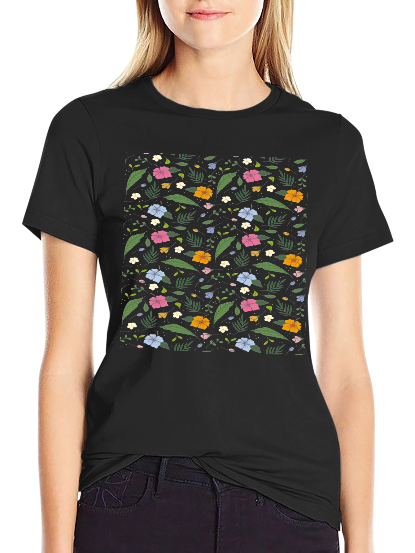 Floral Print Black Tee - Tropical Vibes