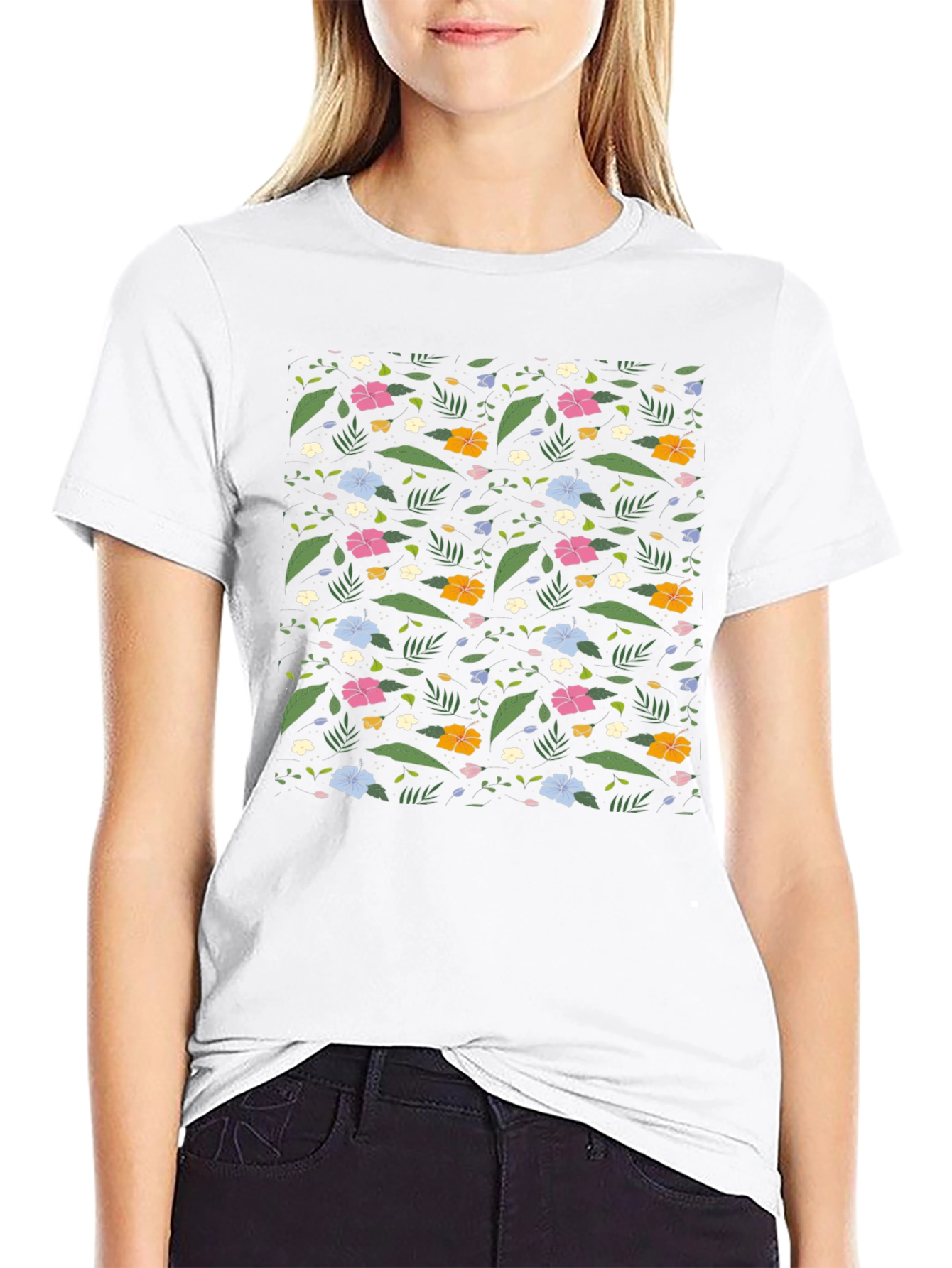Floral Print Black Tee - Tropical Vibes
