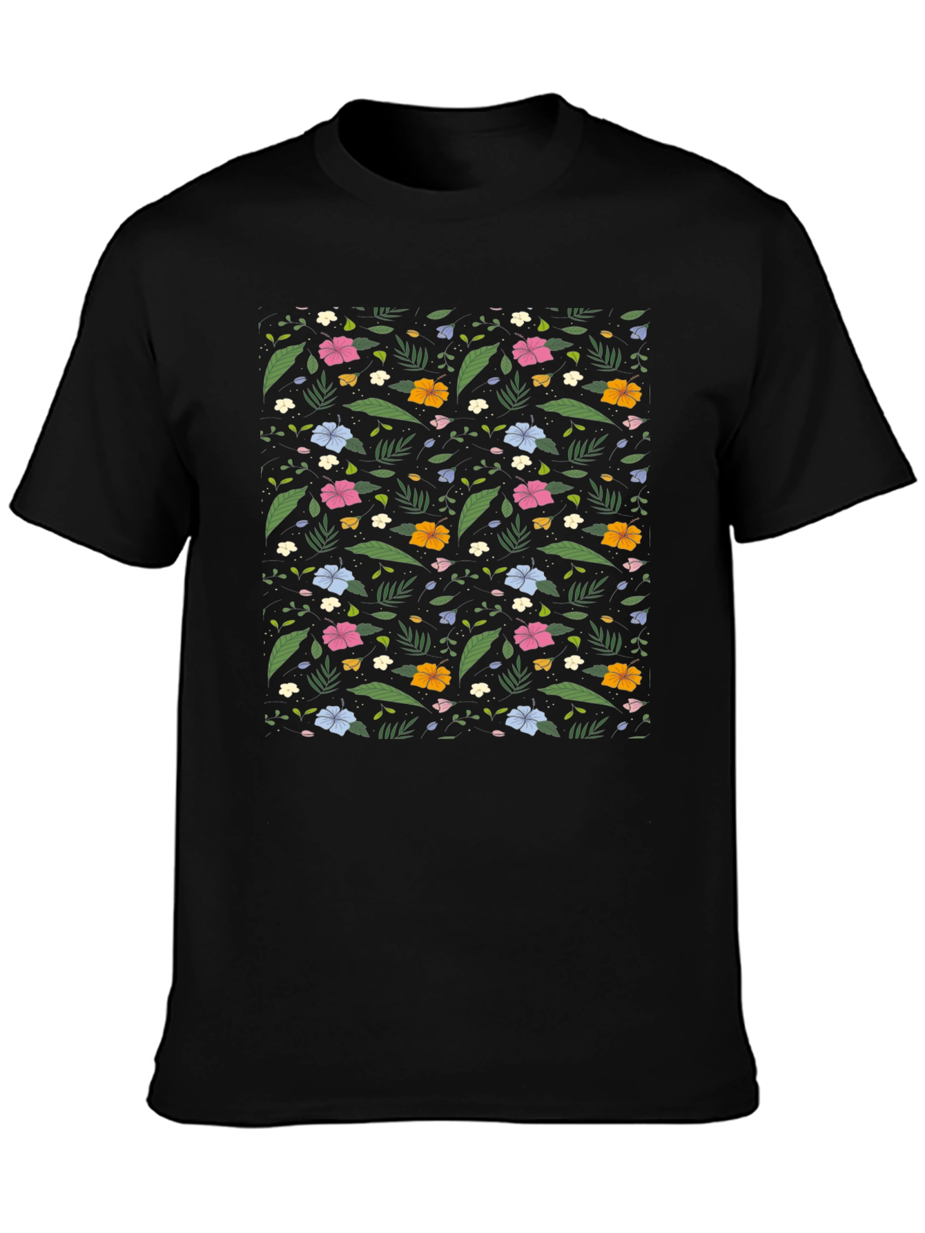 Floral Print Black Tee - Tropical Vibes