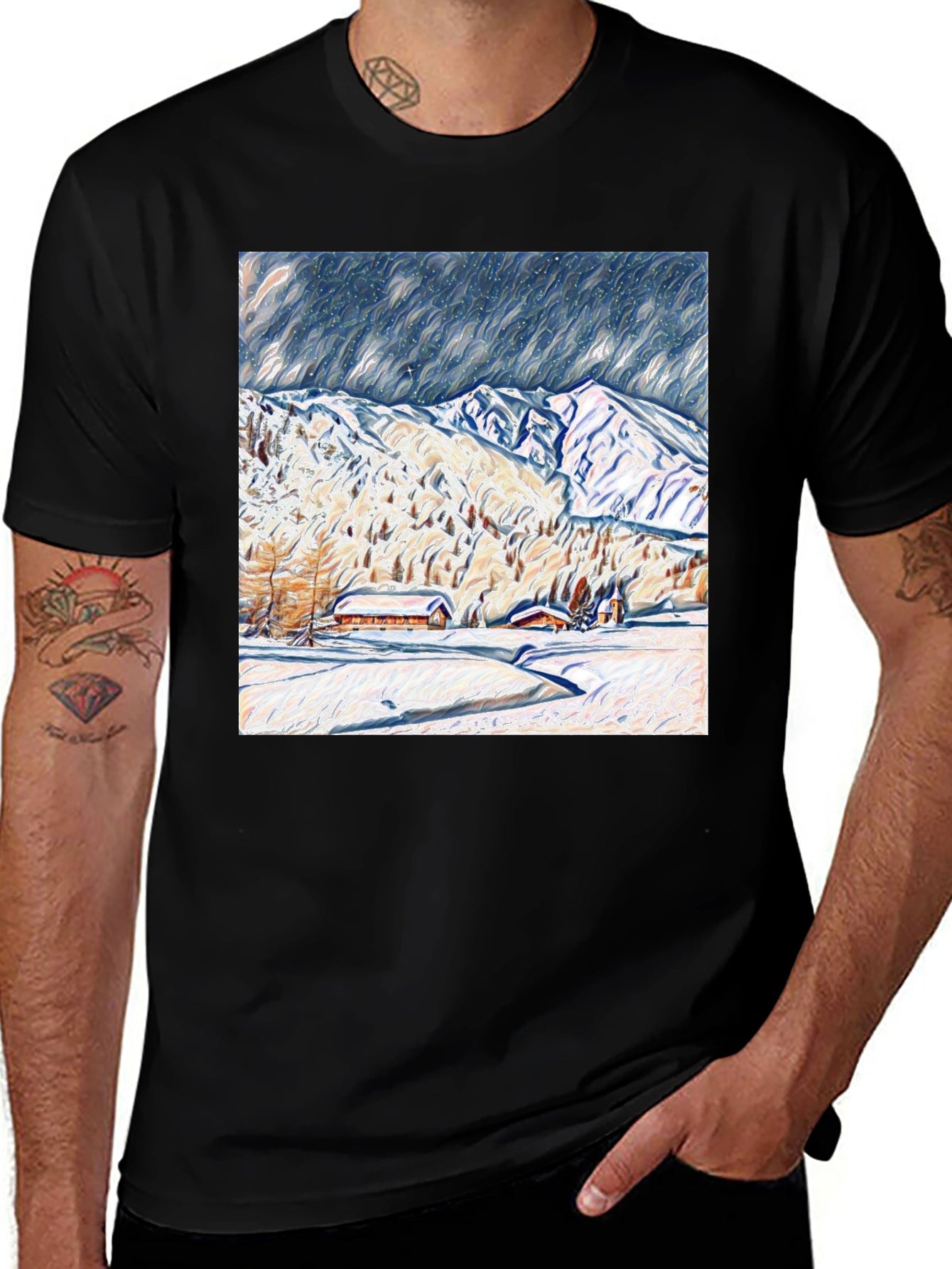 Snowy Mountain Scene Graphic Tee - Black