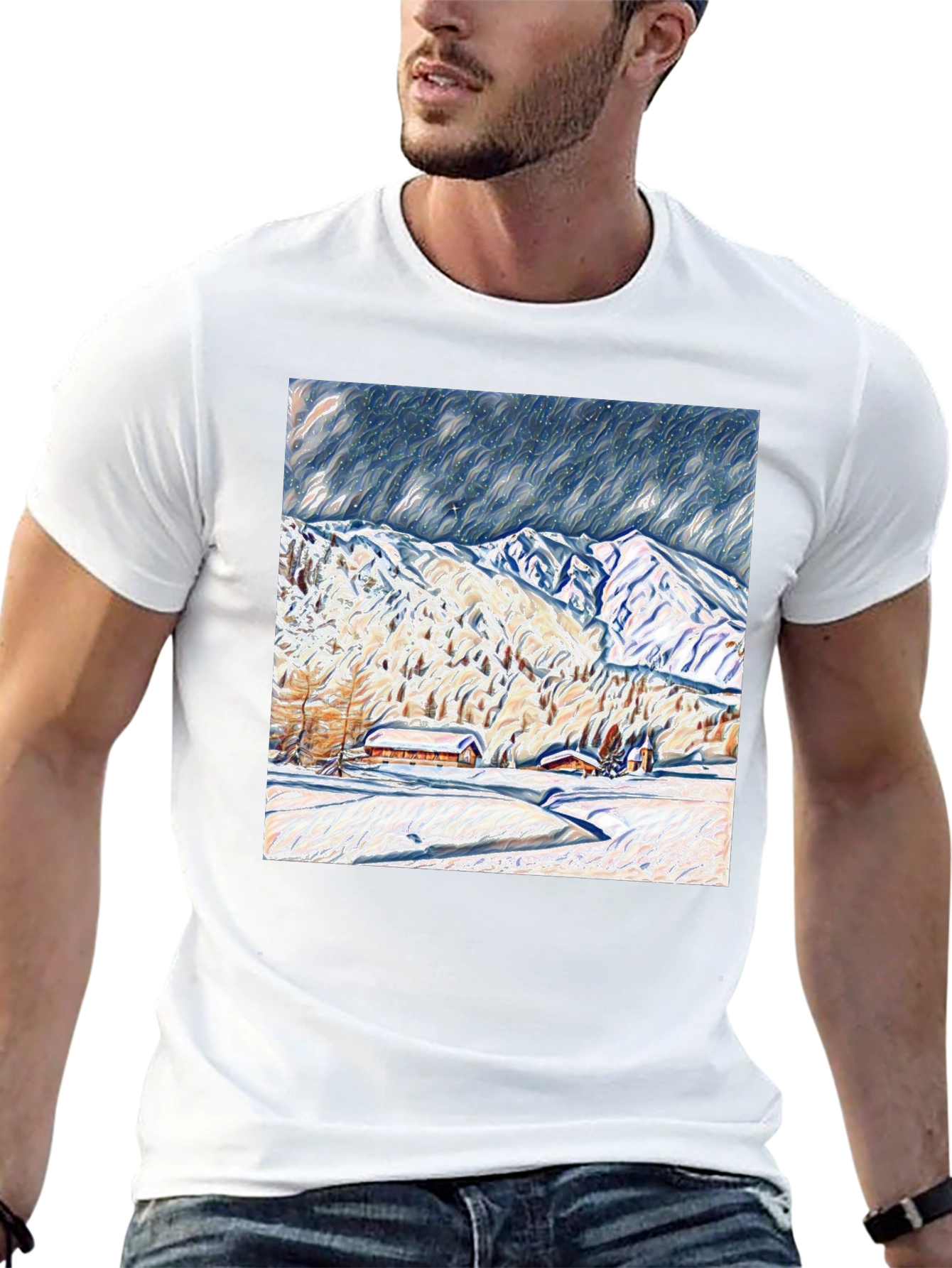 Snowy Mountain Scene Graphic Tee - Black