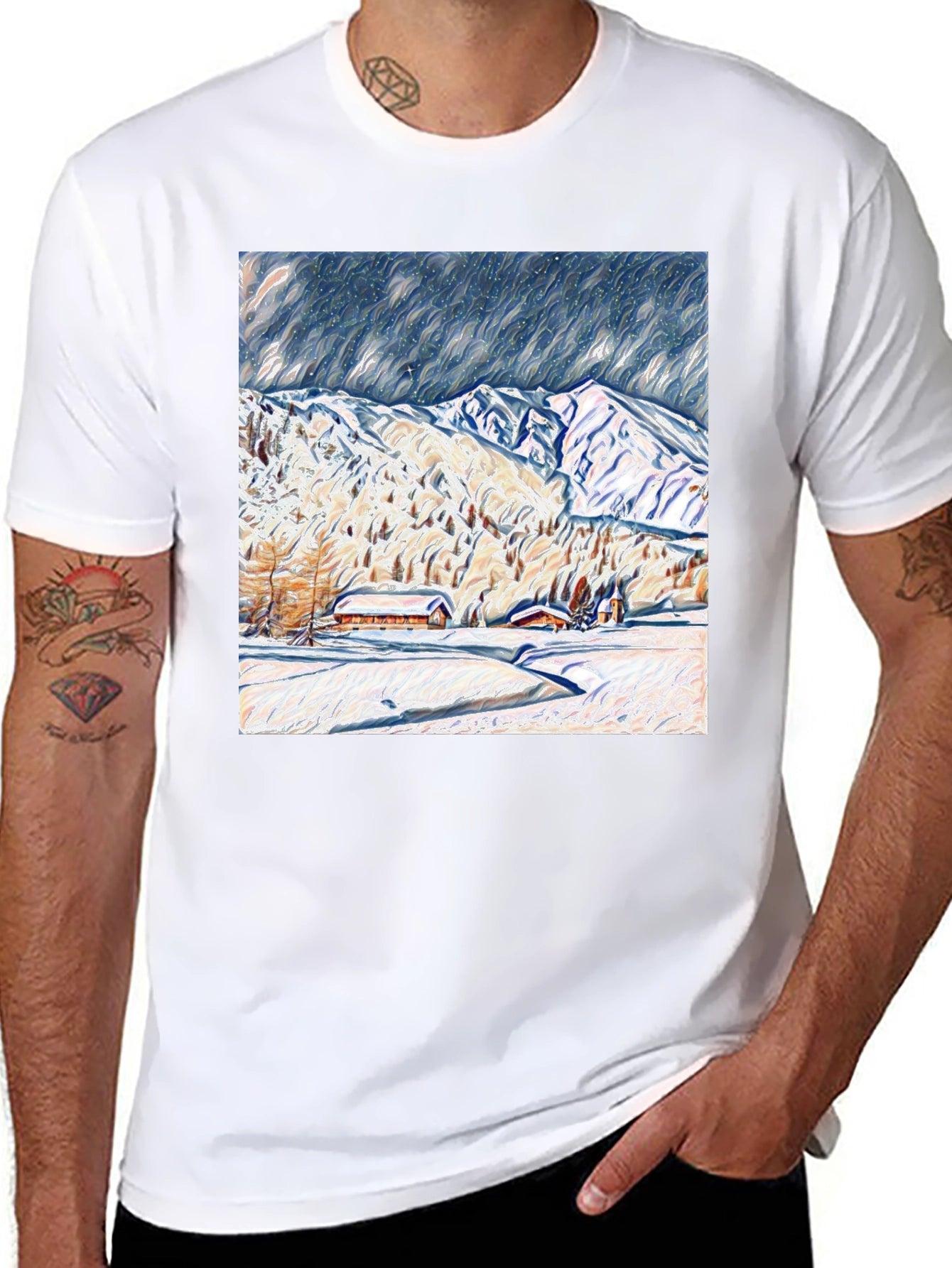 Snowy Mountain Scene Graphic Tee - Black