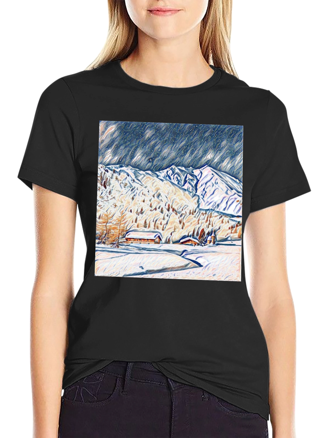 Snowy Mountain Scene Graphic Tee - Black