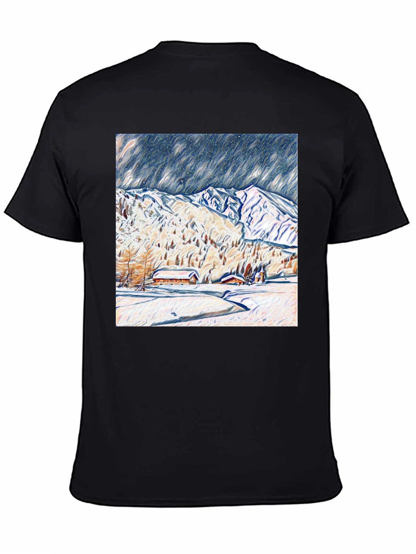 Snowy Mountain Scene Graphic Tee - Black