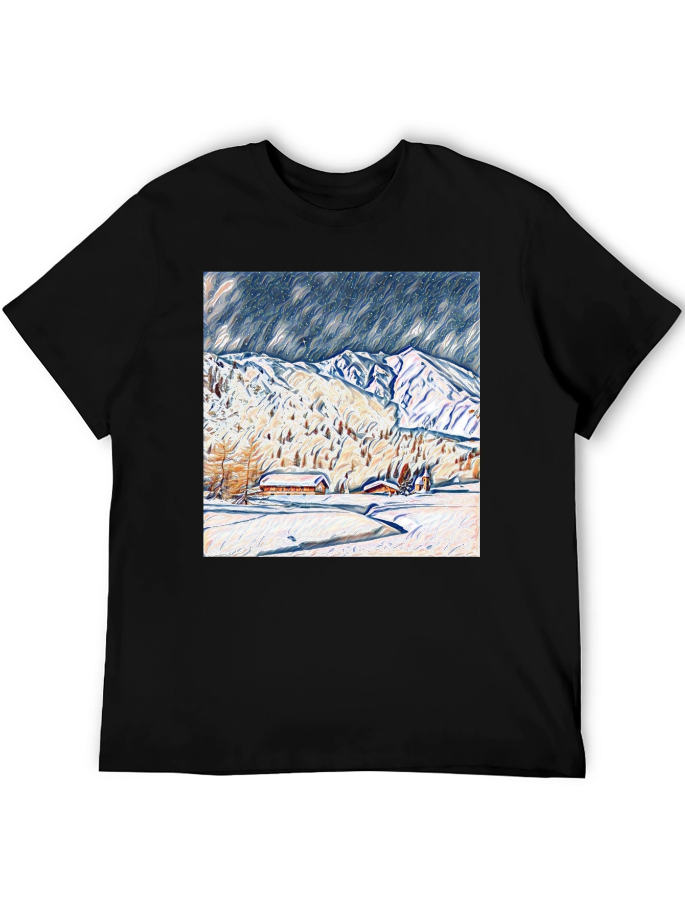 Snowy Mountain Scene Graphic Tee - Black