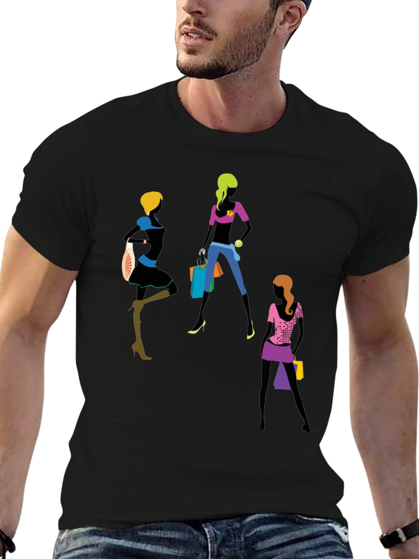 Trendy Women Shopping Graphic T-Shirt - Black