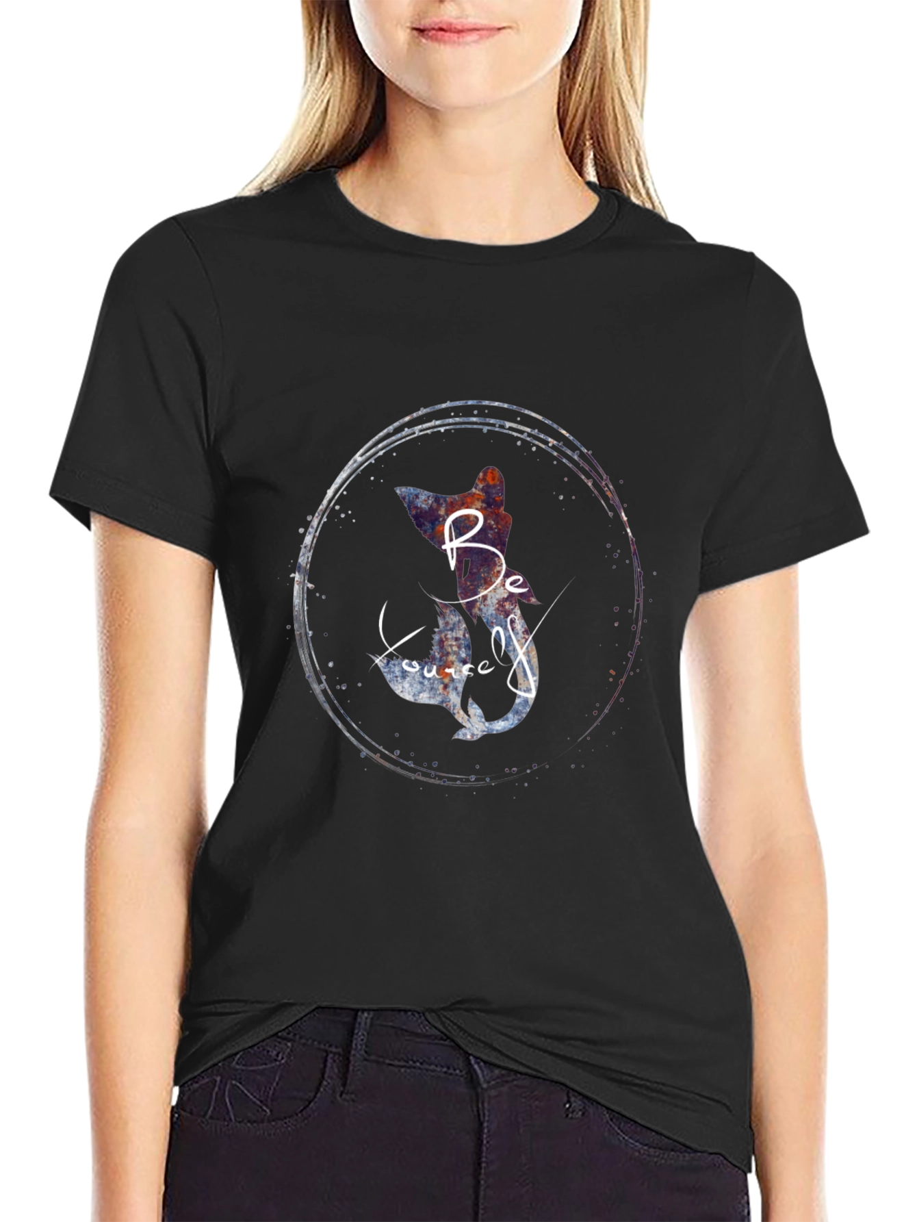 Be Yourself Cat Mermaid Graphic Black T-Shirt
