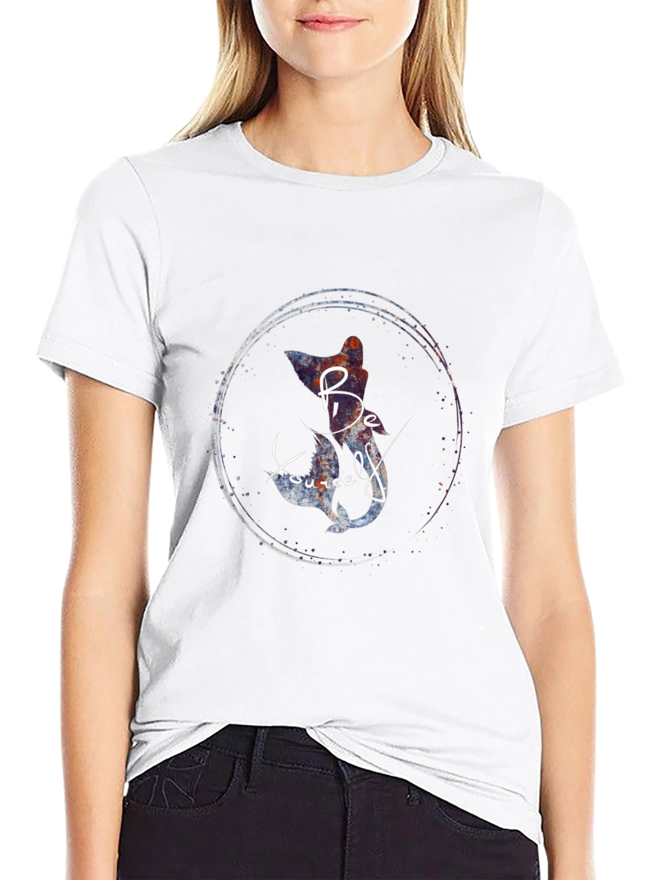 Be Yourself Cat Mermaid Graphic Black T-Shirt