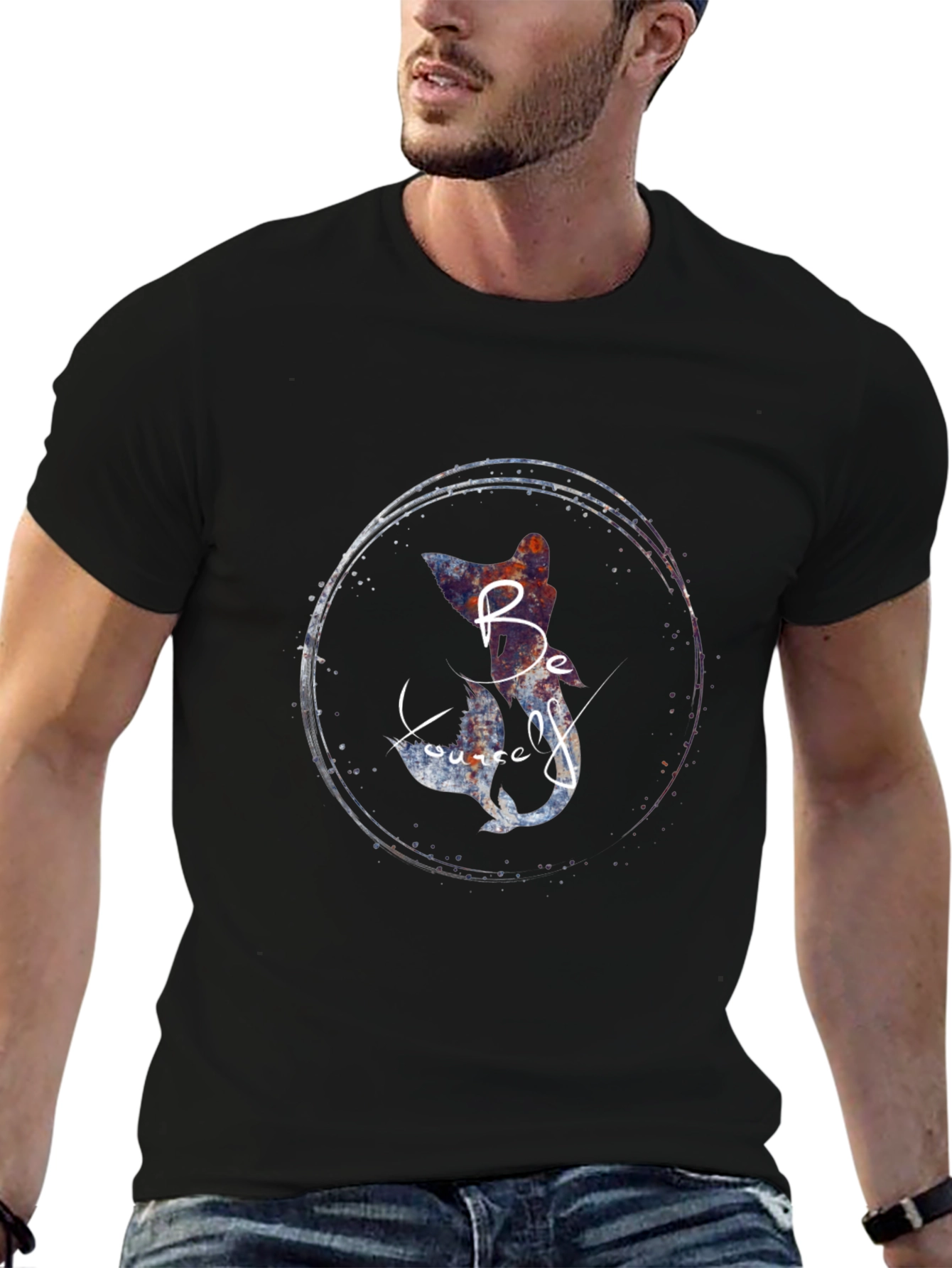 Be Yourself Cat Mermaid Graphic Black T-Shirt