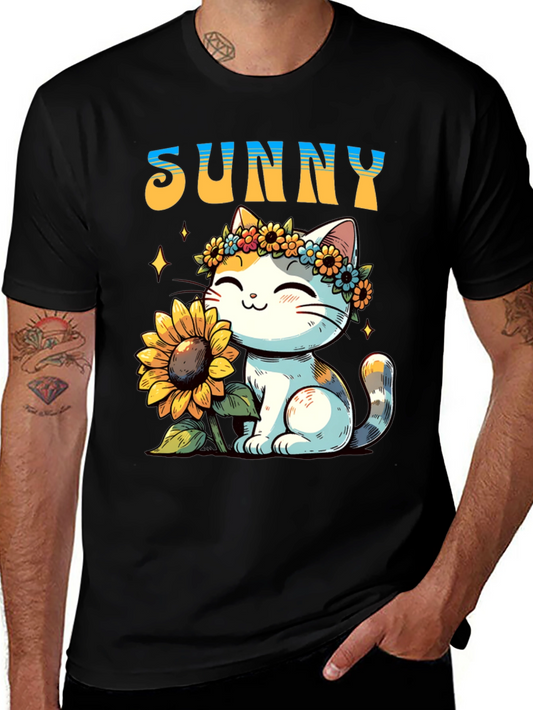 Sunny Cat with Sunflower Graphic T-Shirt