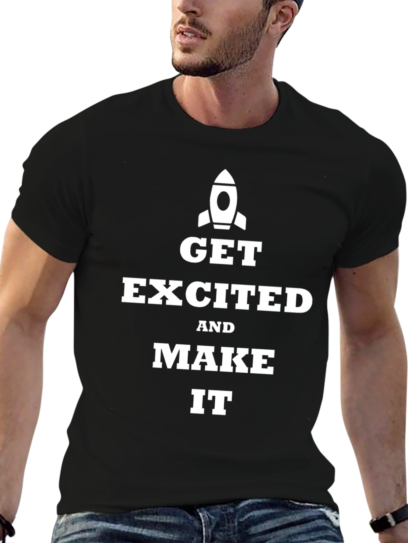 Get Excited Rocket Graphic Tee - Inspiring Black T-Shirt