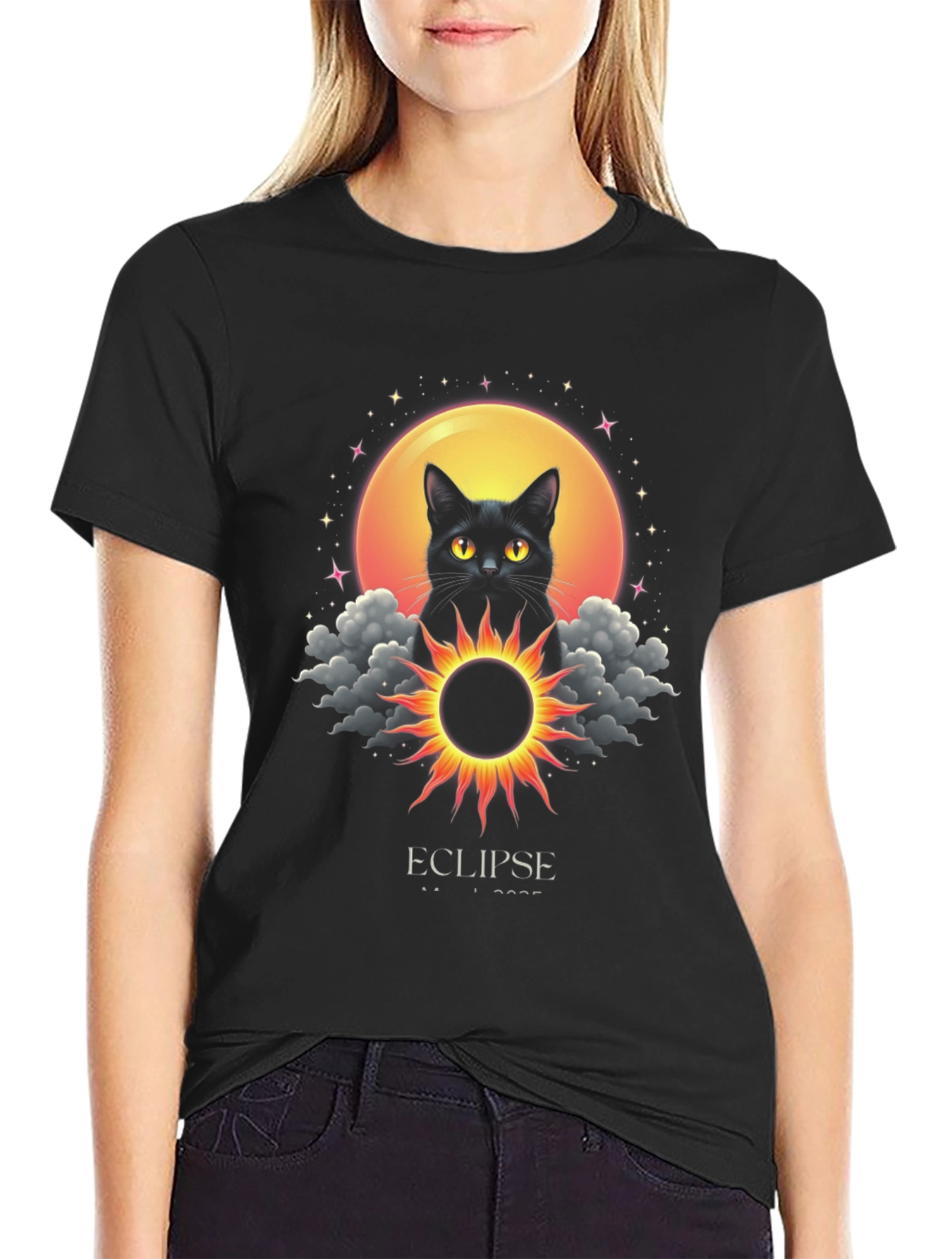 Eclipse Cat Graphic T-Shirt - Celestial Style